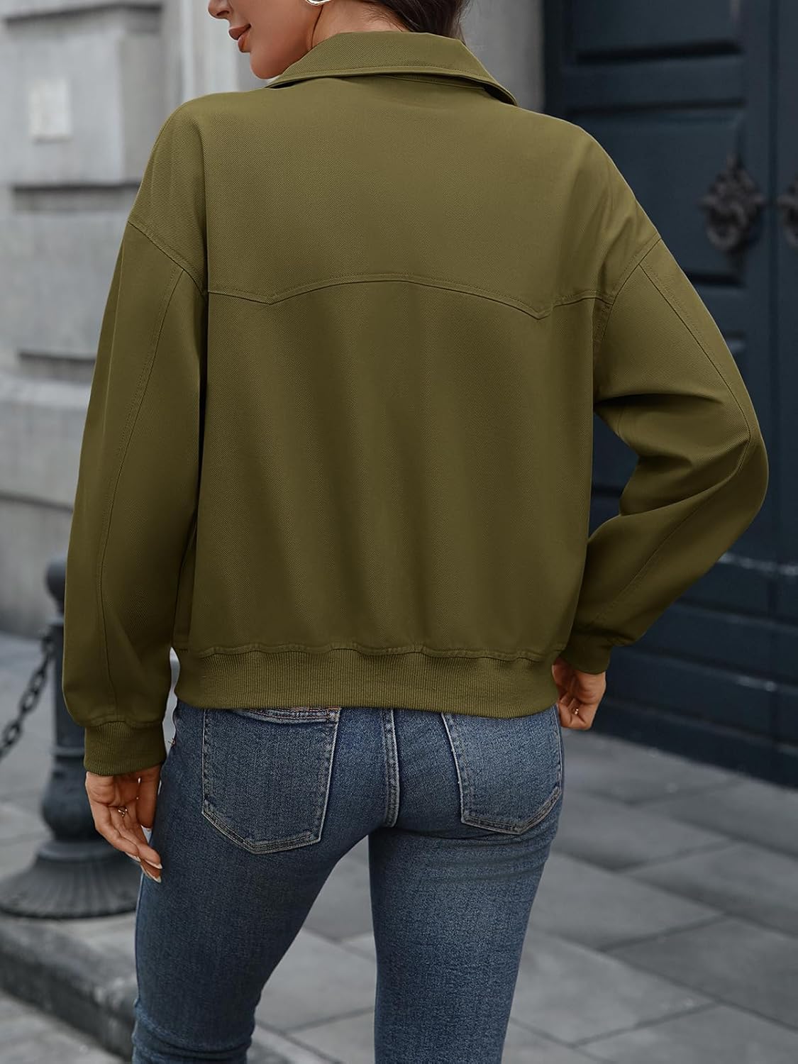 Women's Crop Zip Up Bomber Jacket Long Sleeve Collar Ribbed Hem Oversize Casual Jackets Cotton Tencel Chest Pockets - Image 4