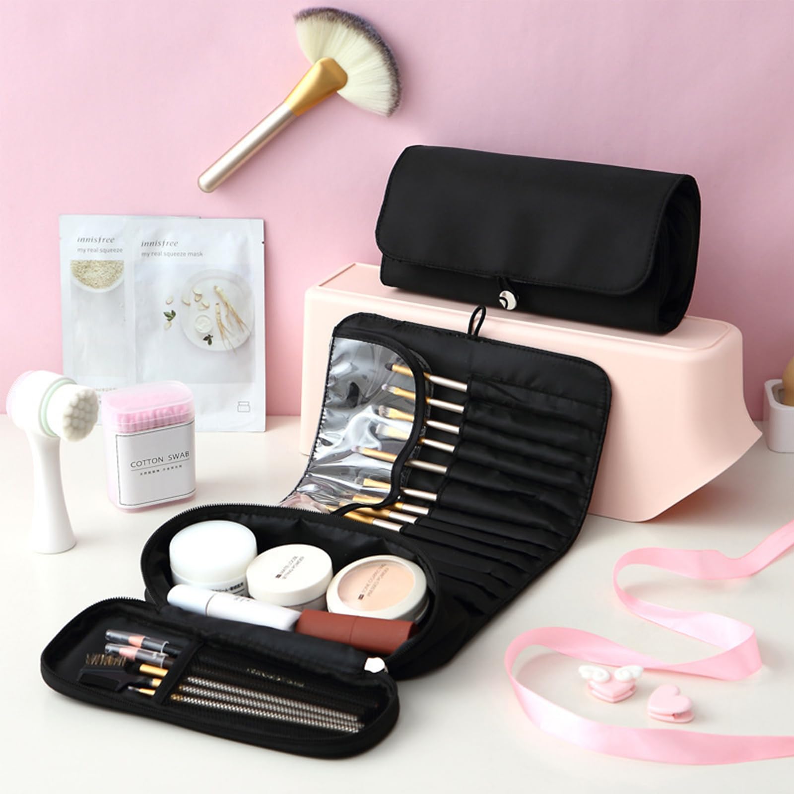Borsa per Pennelli da Trucco Organizer con 12 Tasche Arrotolabile per Cosmetici e Truccatori, Accessorio Professionale per Donna (Nero)