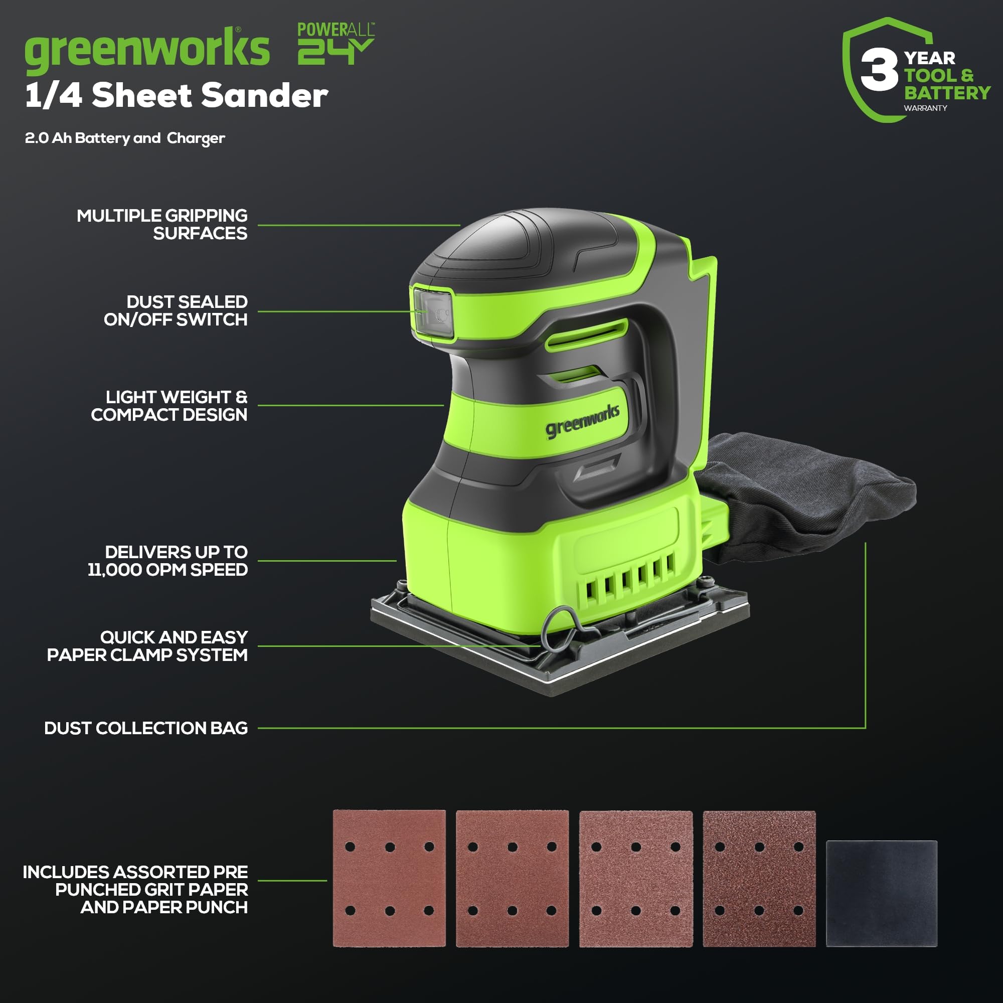 Greenworks Scie sauteuse sans fil 24 V et meuleuse à poing sans fil, hauteur de levage 26 mm, brushless, avec batterie 2 Ah et chargeur