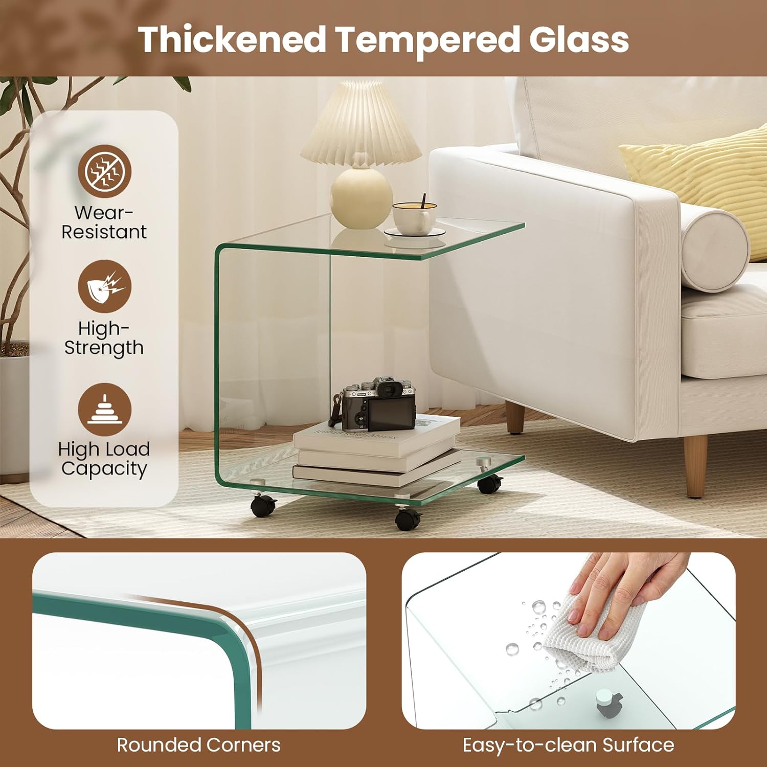 BECOMFORT Tempered Glass C-Shape End Table, Rolling Side Table with 4 Lockable Universal Wheels & Storage, Mobile Clear Night Stand for Sofa Couch Living Room Bedroom Office (1, Clear)