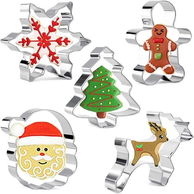 Crethink 5 Pieces Christmas Cookie Cutter - Gingerbread Man, Christmas Tree, Snowflake, Santa Head - Stainless Steel Xmas Cookie Cutters for Baking