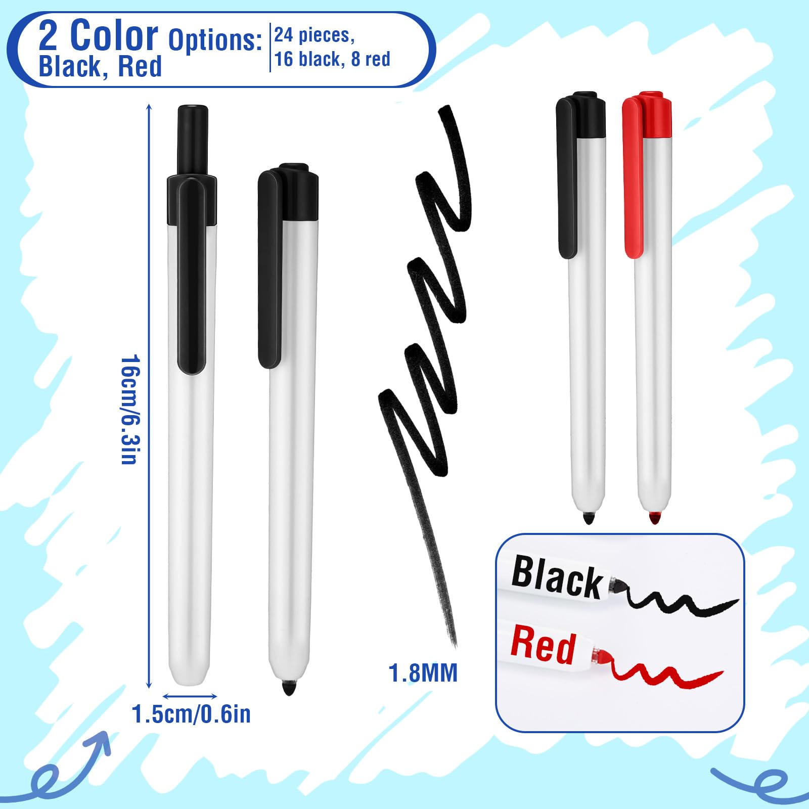Affrolling Ausziehbare Whiteboard-Marker, 24 Stück, anklickbar, kein Verlaufen, feine Spitze, große Kapazität, radierbare Marker für Schule, Büro, Meetings (Schwarz, Rot)