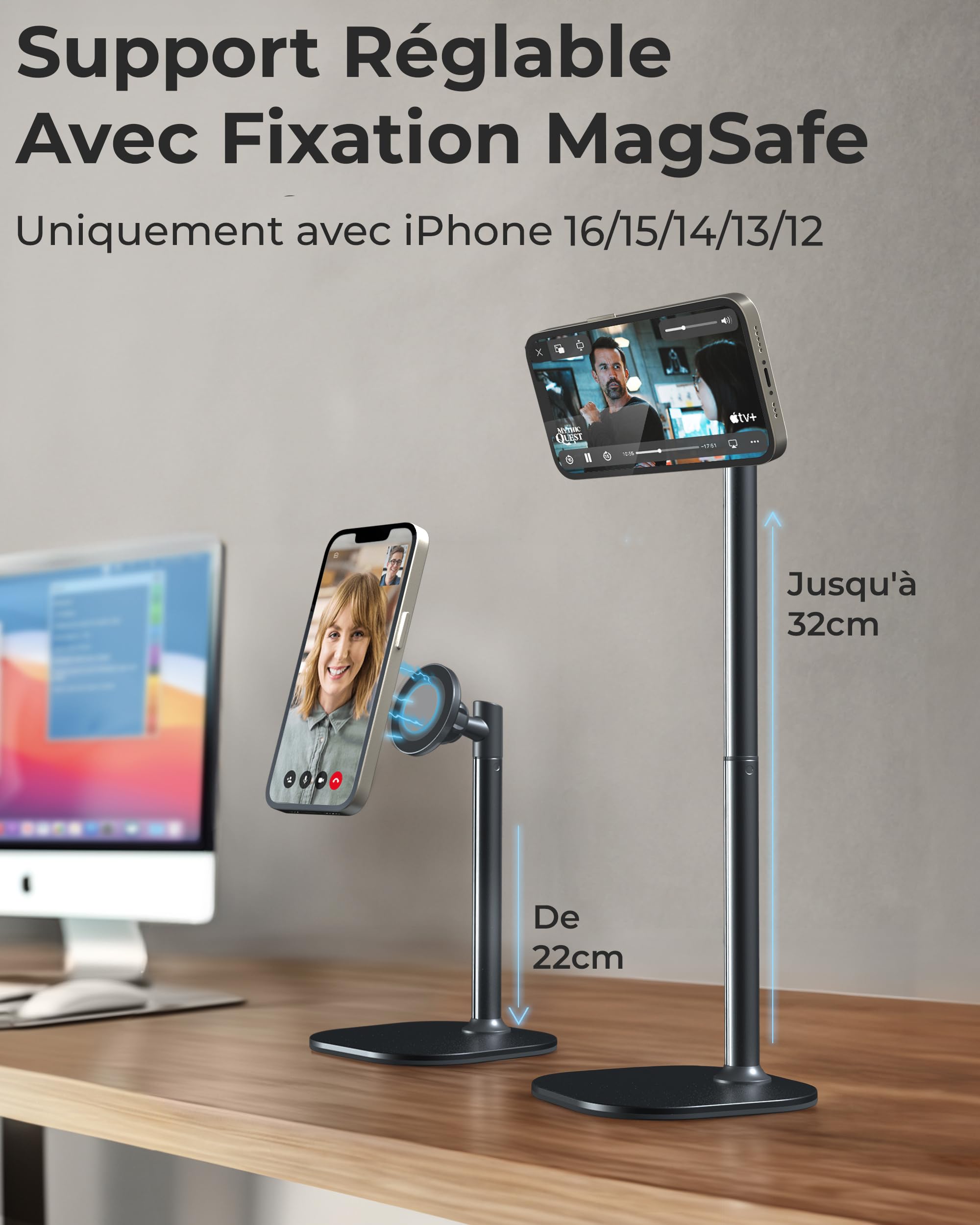 COOPER MagStand Magnétique Réglable Support iPhone pour Bureau Enregistrement Vidéo Compatible MagSafe iPhone 17 Pro Max 16/15/14/13/12 Petit Trépied