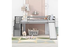 Bellemave Wood Twin Loft Bed with Slide and Storage Staircase for Kids Boys Girls Teens