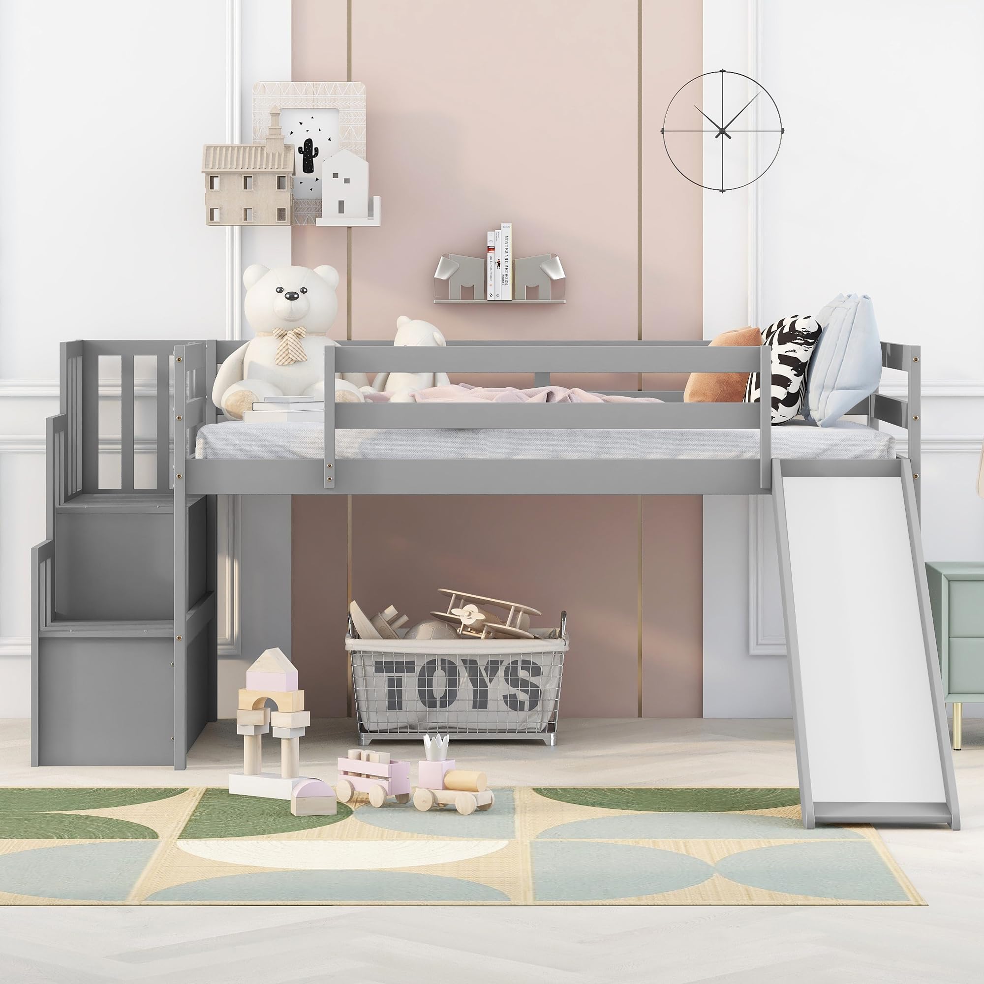 Bellemave Low Loft Bed for Kids,Twin Size Loft Bed with Slide and Storage Staircase,Wood Loft Bed Frame for Boys Girls Teens(Gray)