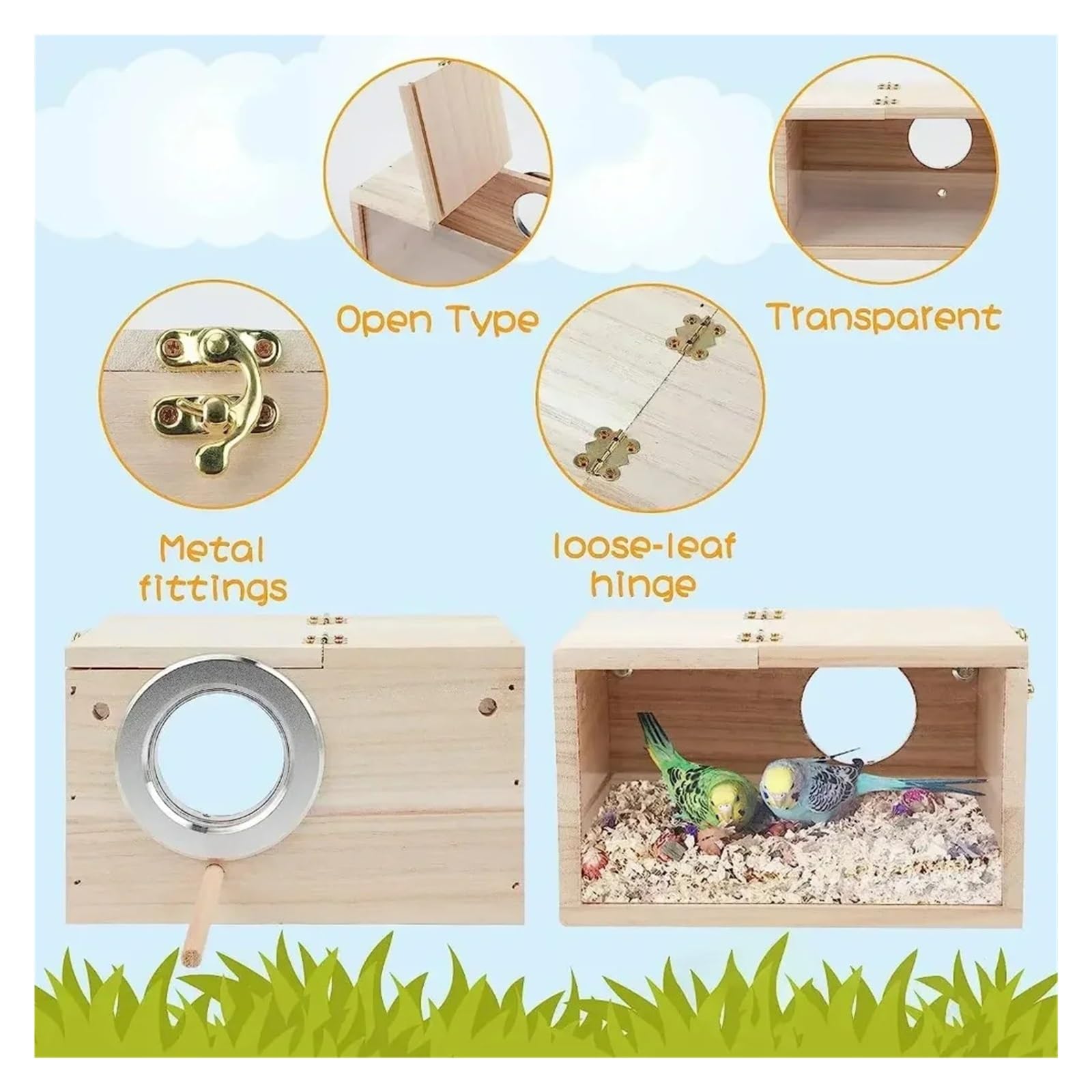Cassetta nido per uccelli in legno Nido for uccelli con design trasparente for parrocchetti e calopsitte, facile da pulire, bordi lisci, for, forniture for(S)
