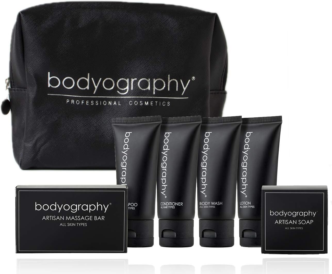 BODYOGRAPHY TOILETRY KIT 6 Piece Set | 1.5 Oz | Shampoo, Conditioner, Body Wash, Lotion, Hand Soap, Massage Bar, Luxury Travel Bag, TSA Approved, Perfect Guest Amenity