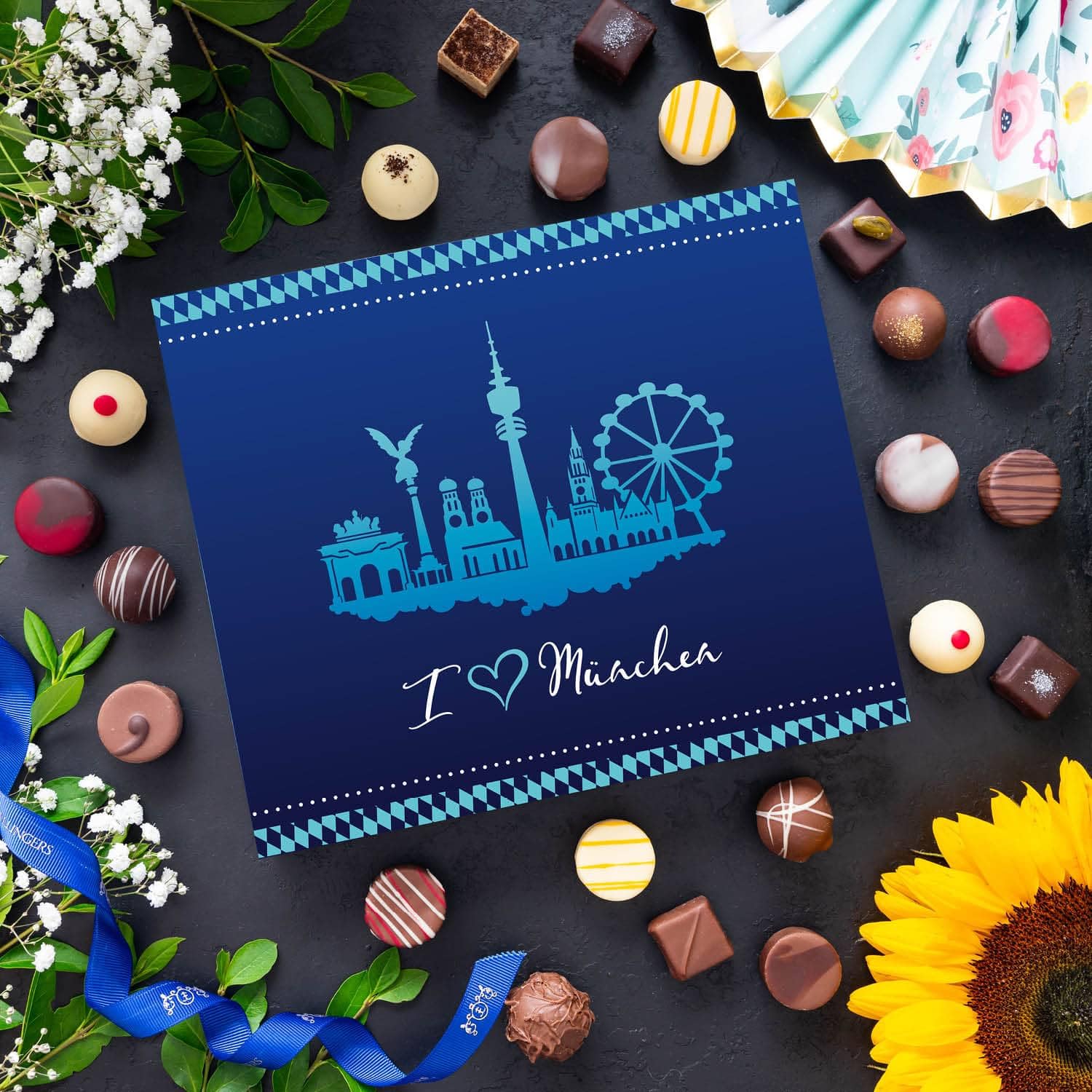 Hallingers Genuss Manufaktur Pralinen Geschenk - ohne Alkohol, handmade aus Confiserie-Edelkakao in wertiger XXL-Geschenkbox "I love München", Geschenkidee für Frauen Männer