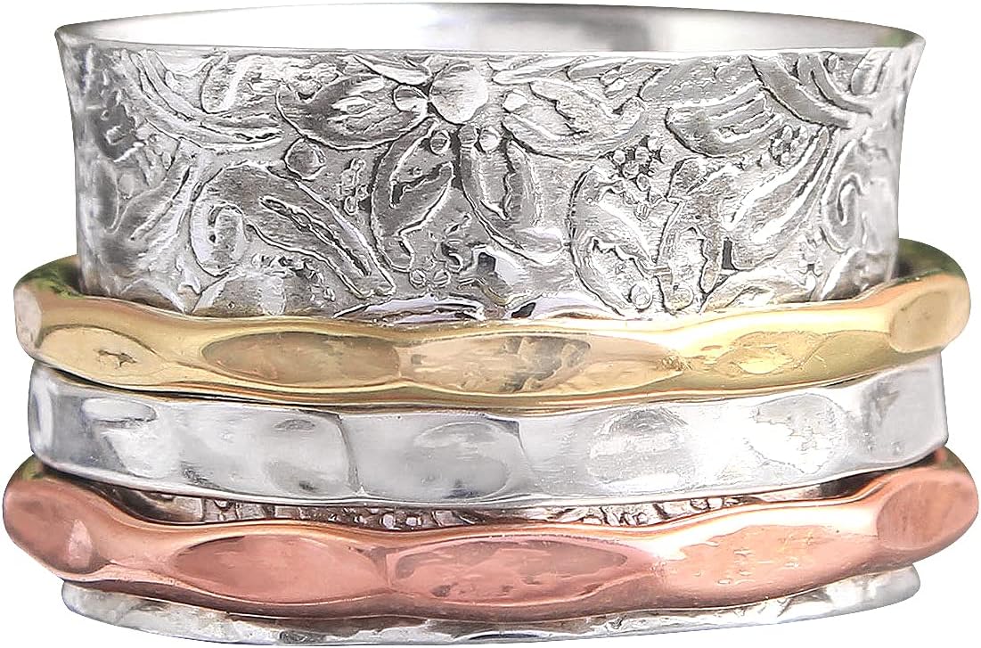 925 Sterling Silver Copper and Brass Tri Tone Metal Meditation Spinner Ring 'Sleek Simplicity'