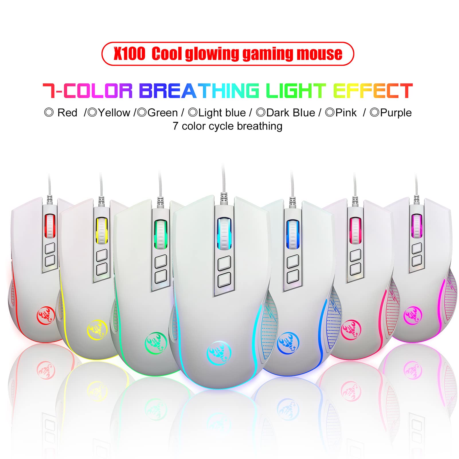 V700BW+X100 Kit tastiera e mouse per computer USB con retroilluminazione RGB cablata a 61 tasti + mouse da gioco cablato Illuminazione a LED colorata DPI a 4 livelli max.3600 DPI per PC portati