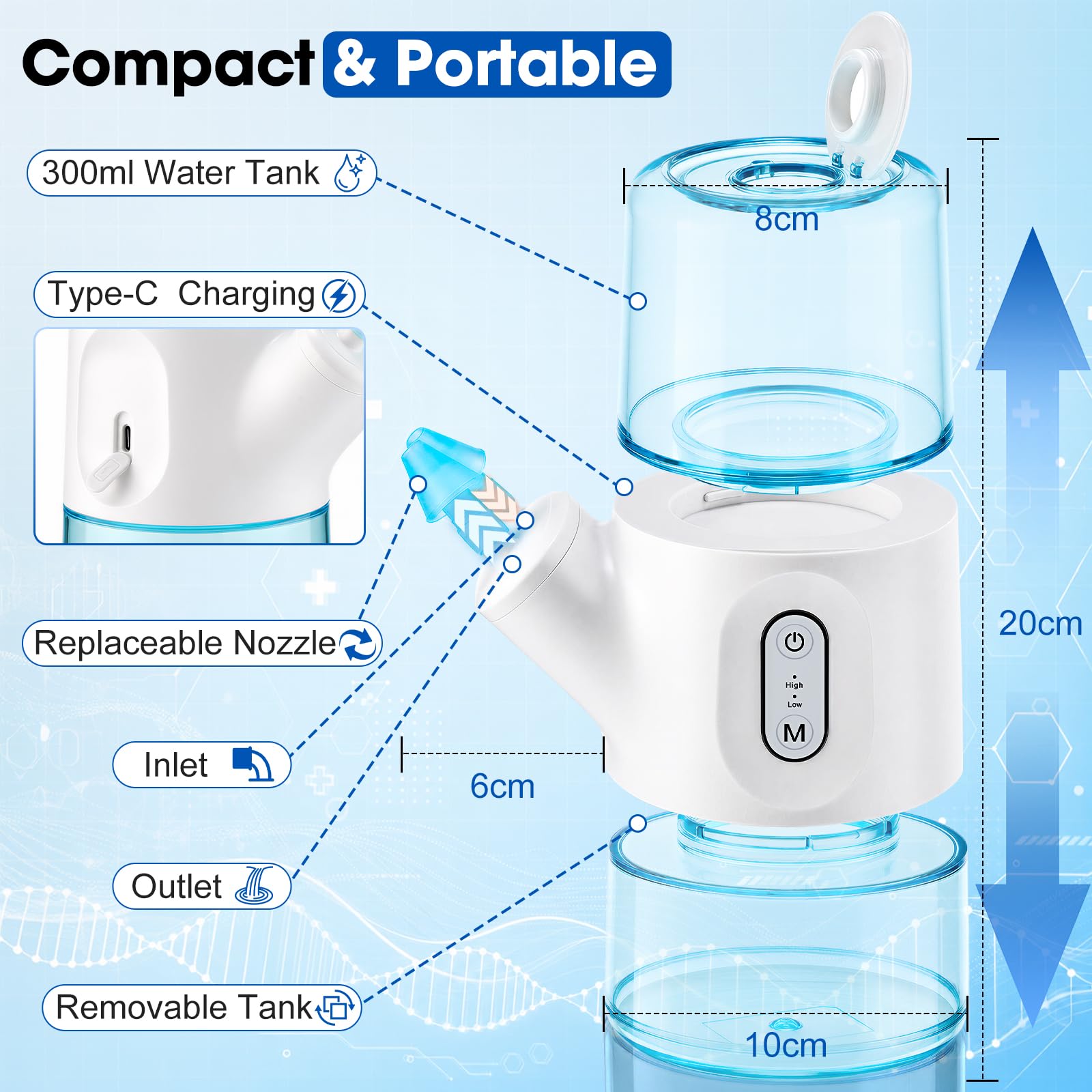 Irrigador Nasal Eléctrico Inalámbrico De Doble Depósito, Lavado De Senos Paranasales Con 2 Modos De Enjuague, Recogida Automática De Residuos, 800mAh, Impermeable IPX7, 8 Boquillas, 40 Sobres De Sal
