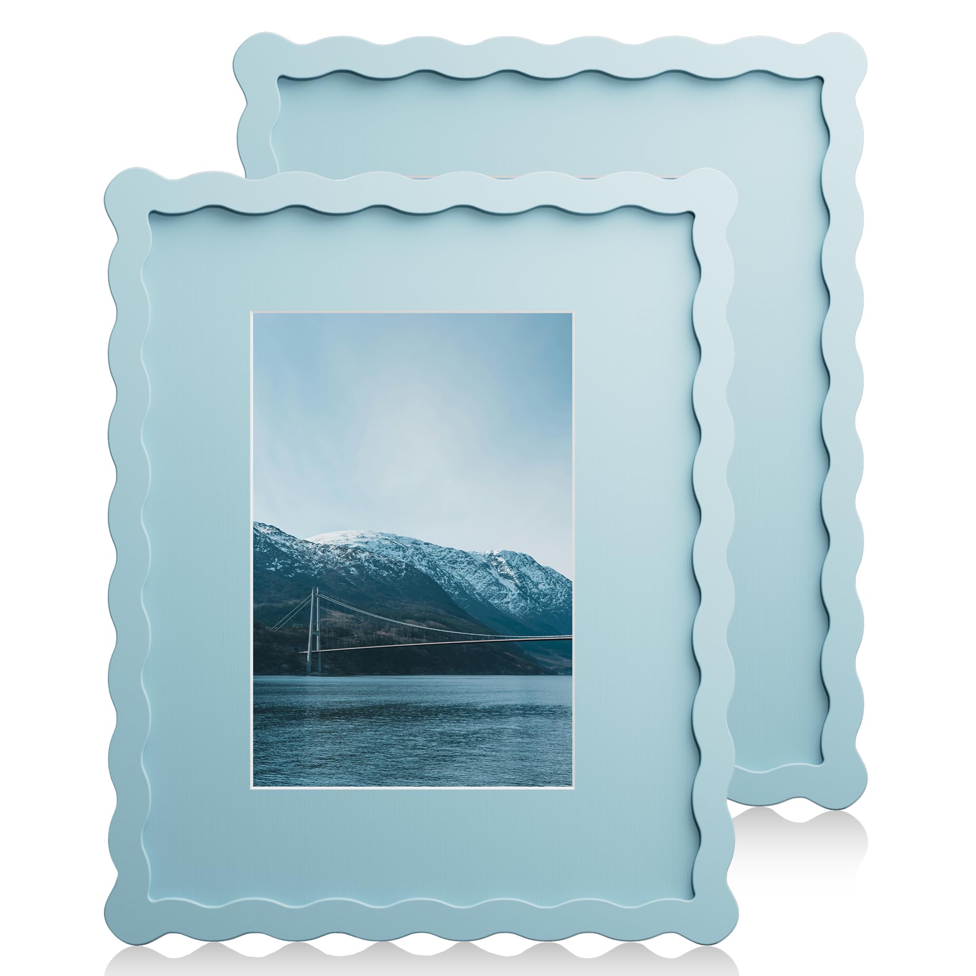 Photo 1 of Chrspk 8X10 Wavy Picture Frame With Mat For 5x7, Wavy Edge Wooden Picture Frame with Real Glass - Wall Mount and Tabletop Display, Blue, 2 Pack