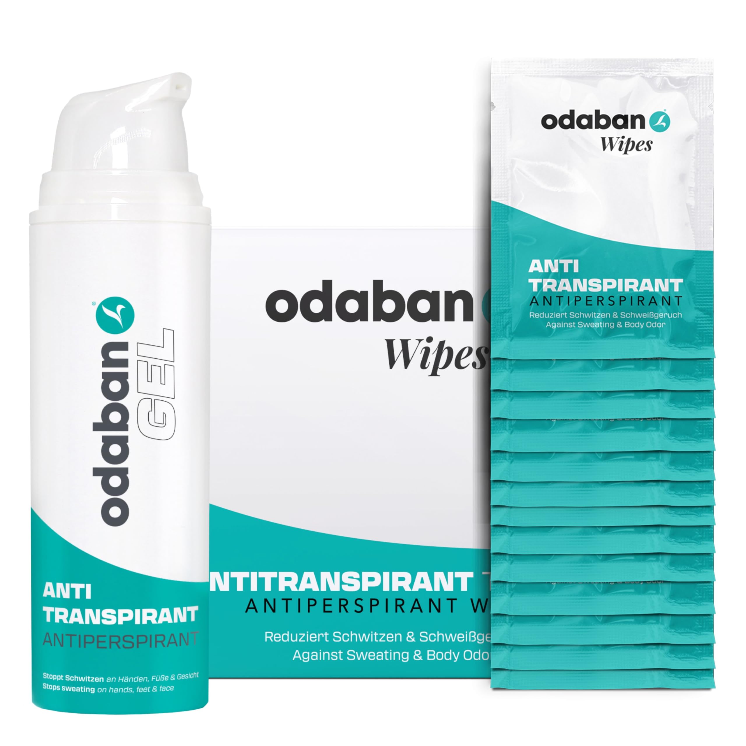 odaban® Set Antitranspirante y Desodorante – Gel + Toallitas | control del sudor y del mal olor en rostro, manos, pies, axilas y espalda | gel de rápida absorción y toallitas monodosis, unisex