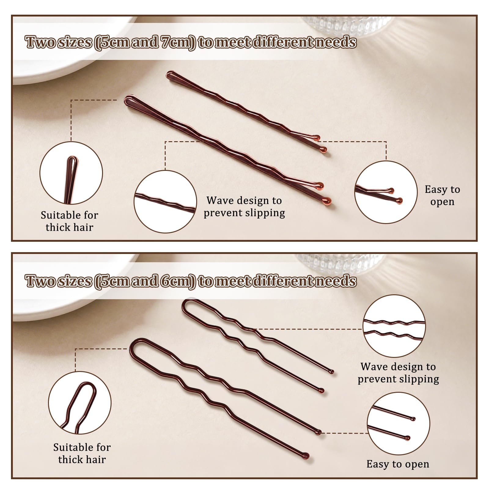 Zestaw 500 sztuk spinek do włosów, spinki do włosów w kształcie litery U i przezroczyste gumki do włosów, Bobby Pins (5-7 cm), metalowe akcesoria do włosów z pudełkiem do przechowywania dla kobiet i