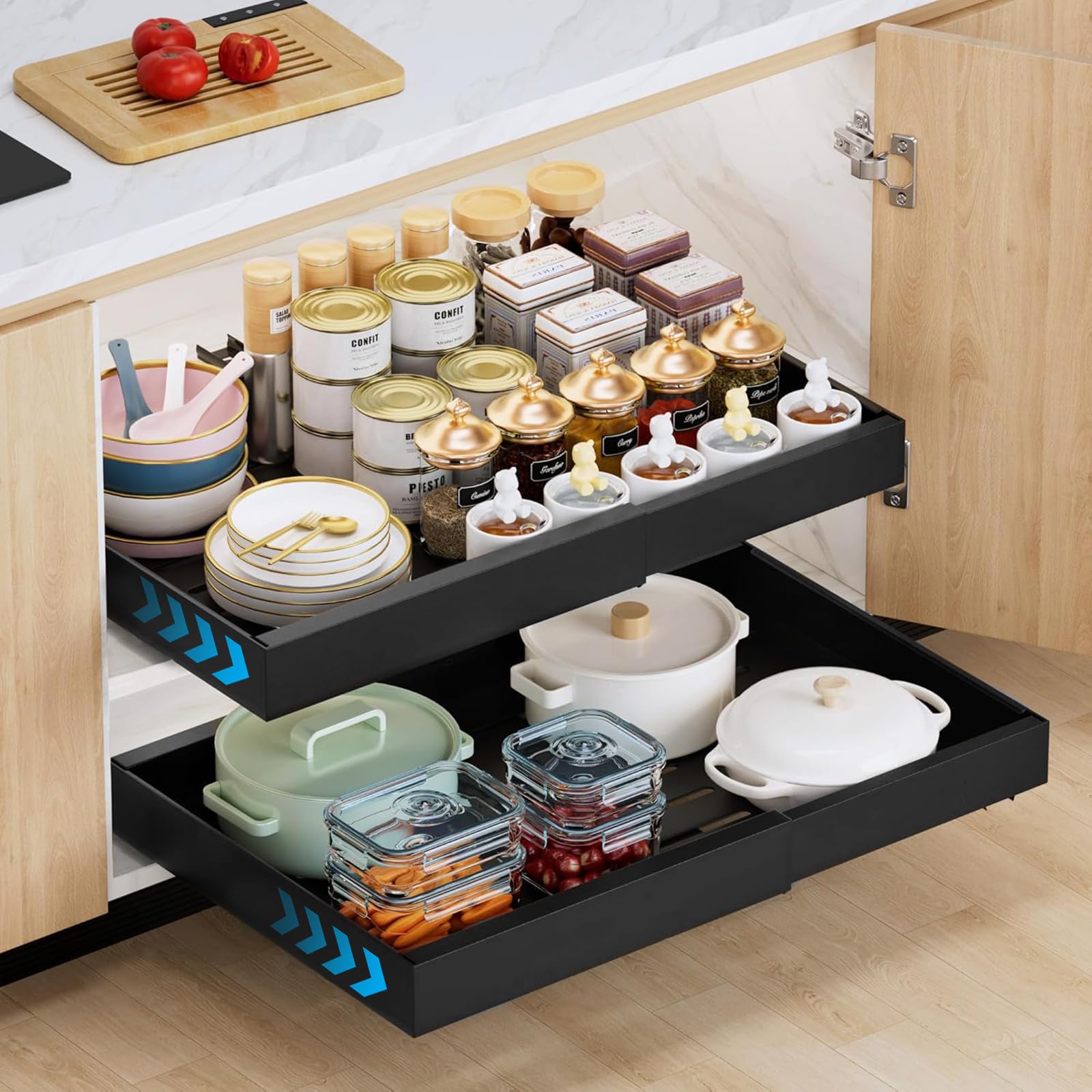 NETEL 2 stuks telescopische laden, uittrekbare keukenladen, instelbare breedte 32-52 cm, diepte 53 cm met lijm, geen boren, voor keuken pantry organisatie, keukenkastorganizer, wit