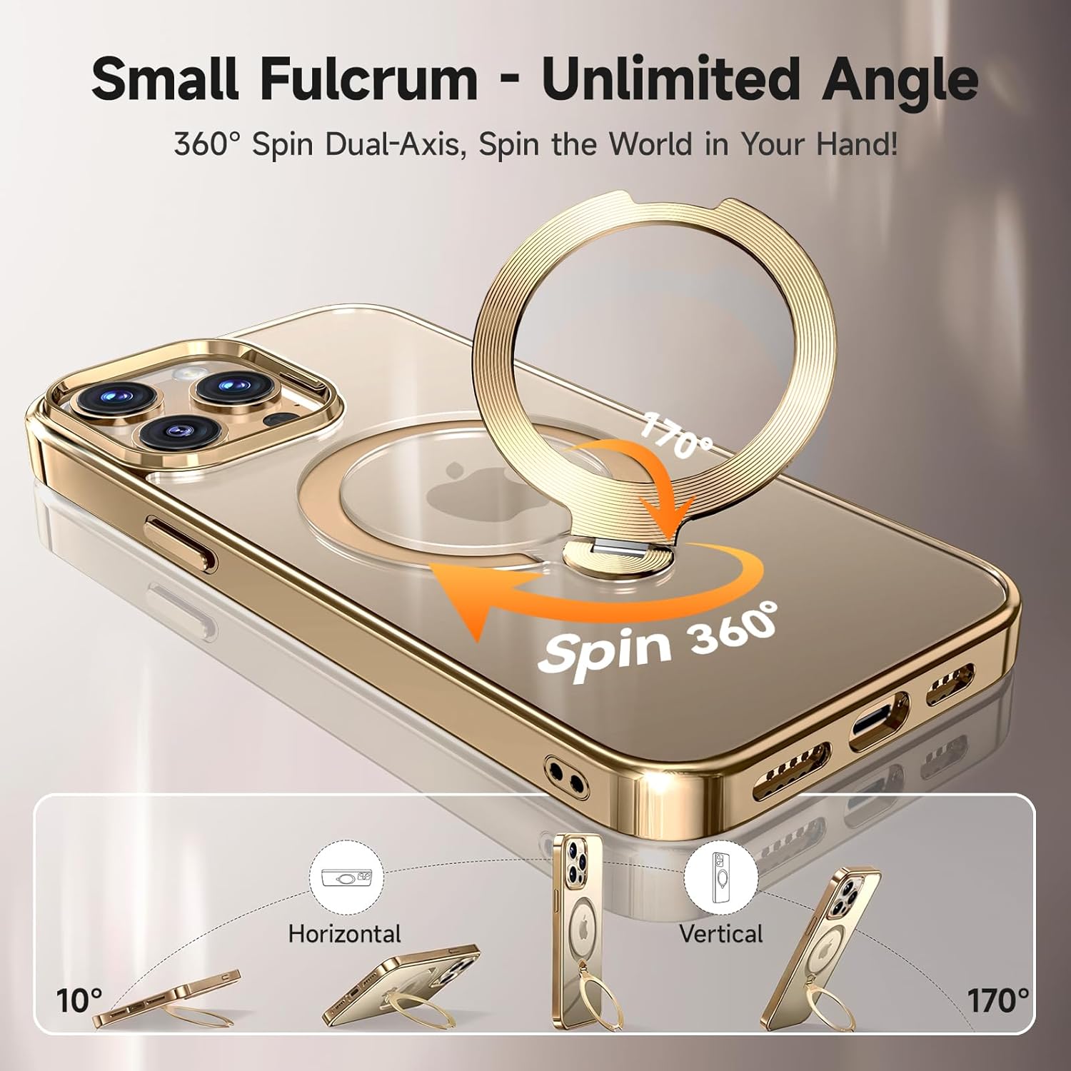 [Tri-Shield Protection] for iPhone 14 Pro Max Case with 360° Spin Stand Compatible with MagSafe [Magnetic CD Ring] [Screen & Camera Lens Protector] Shockproof Plating Never-Yellowing, Gold-6.7"