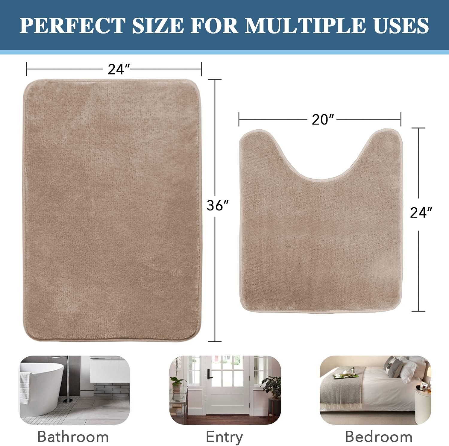H.VERSAILTEX Bath Mat Memory Foam Set Bathroom Rug Set Flannel Velvety Bath Mat Luxury Extra Soft and Absorbent Non Slip Rugs for Bathroom/Bedroom Washable(Curved Set 24"x 36" Plus 20"x 24"U, Taupe)