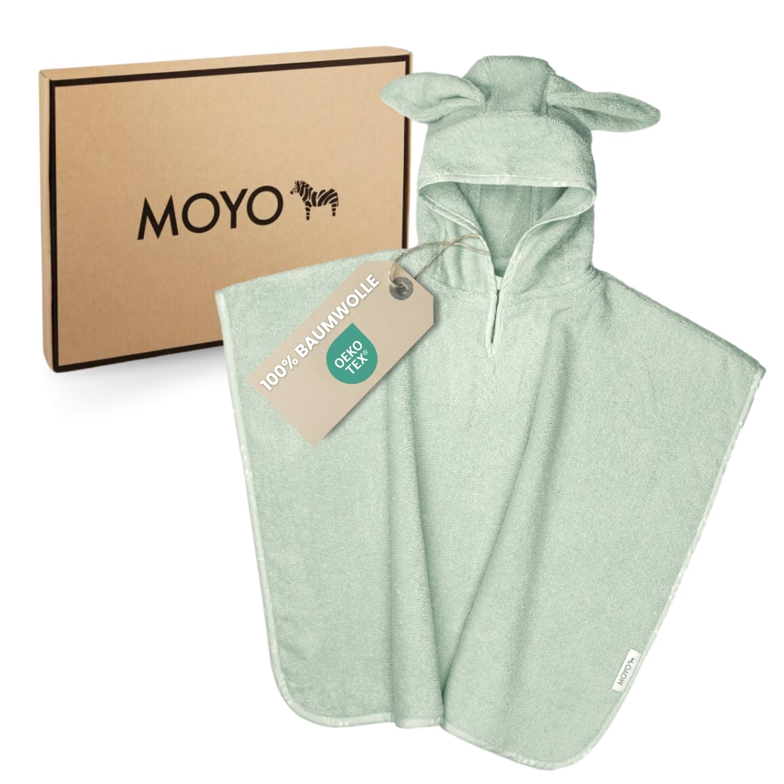 MOYO Badeponcho mit Hasenohren in Mint - Weicher Kinder Poncho aus 100% Frottee-Baumwolle - Waschbares Kapuzenhandtuch in 68x56cm für 0-3 Jahre