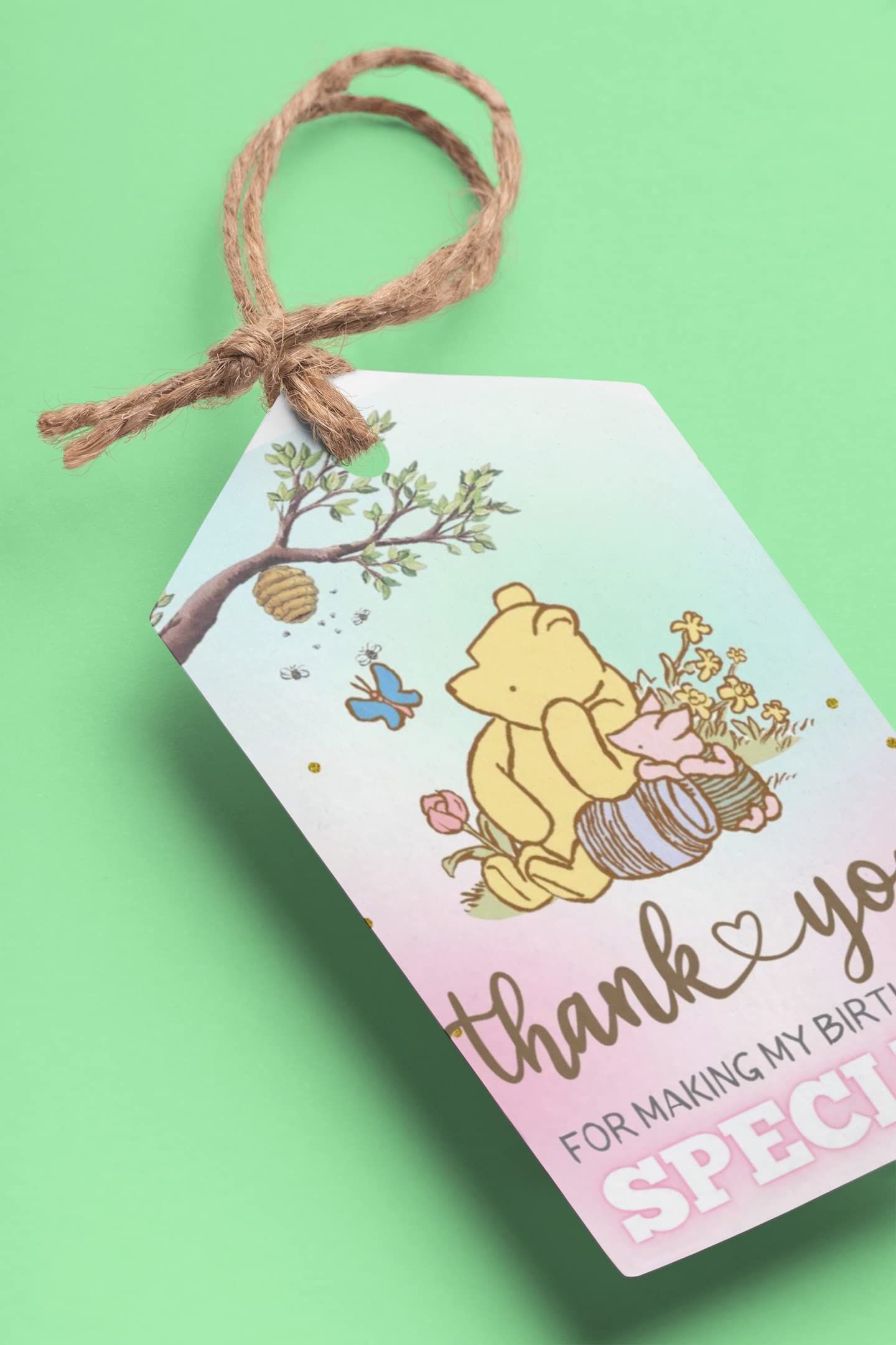 Winnie The Pooh Theme Thank You Cards & Tags - 30Pcs, 2x3.5", 250 GSM Cardstock, Green, Brown, Light blue, White & Pink-image-4