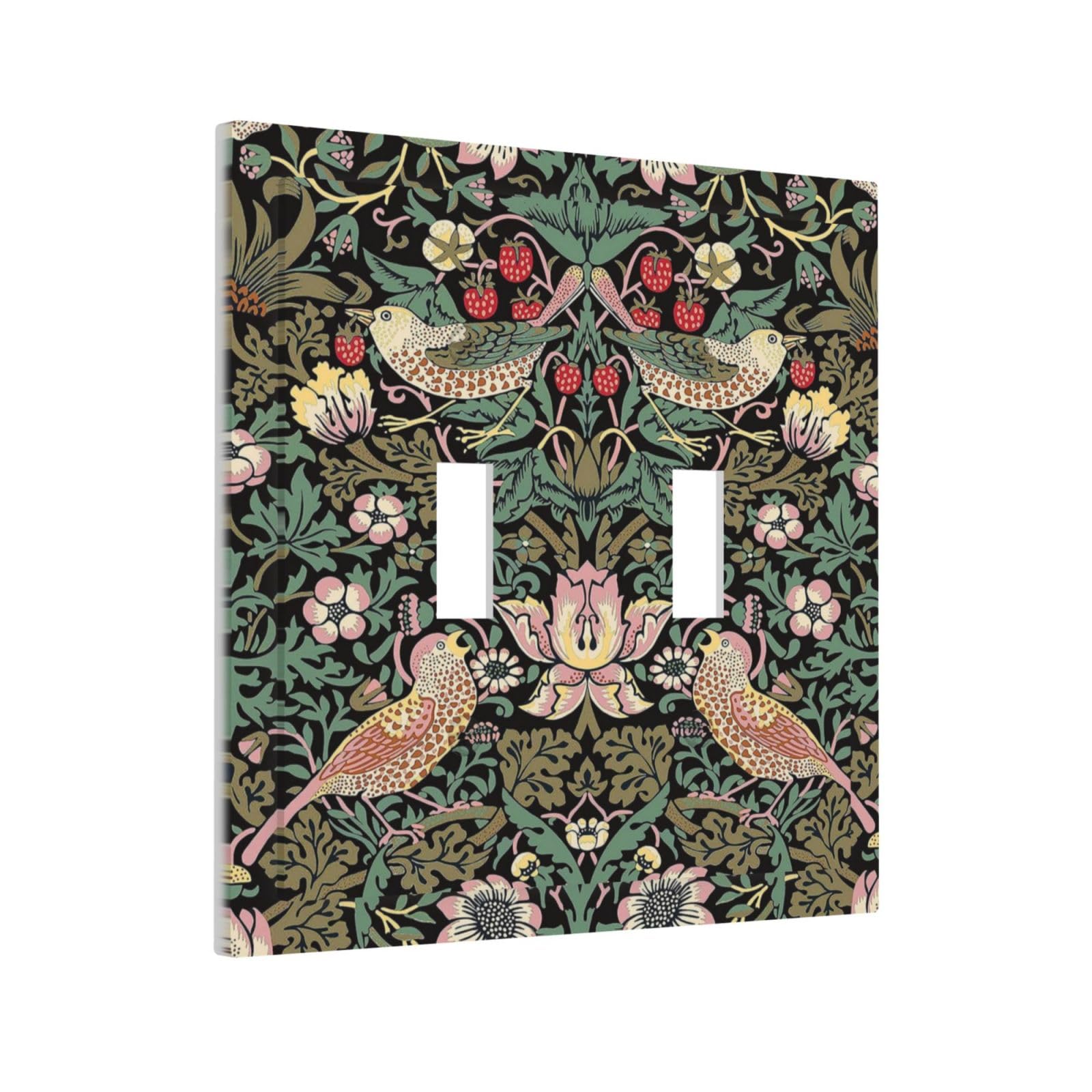 Morris Vintage Floral Strawberry Birds Botanical Double Toggle Light Switch Cover Decorative Olive 2 Gang Wall Plate Electrical Faceplate for Bathroom
