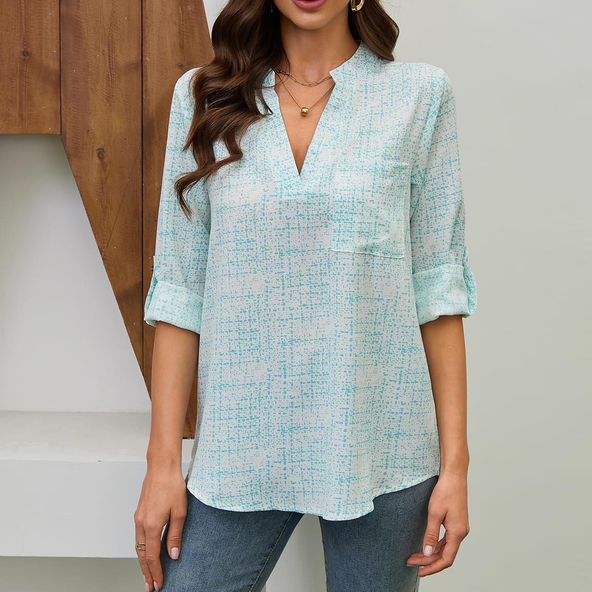 Women's Casual V-Neck Shirt Long Sleeve Button Work Tops Business Casual Summer Floral Tops - Image 3