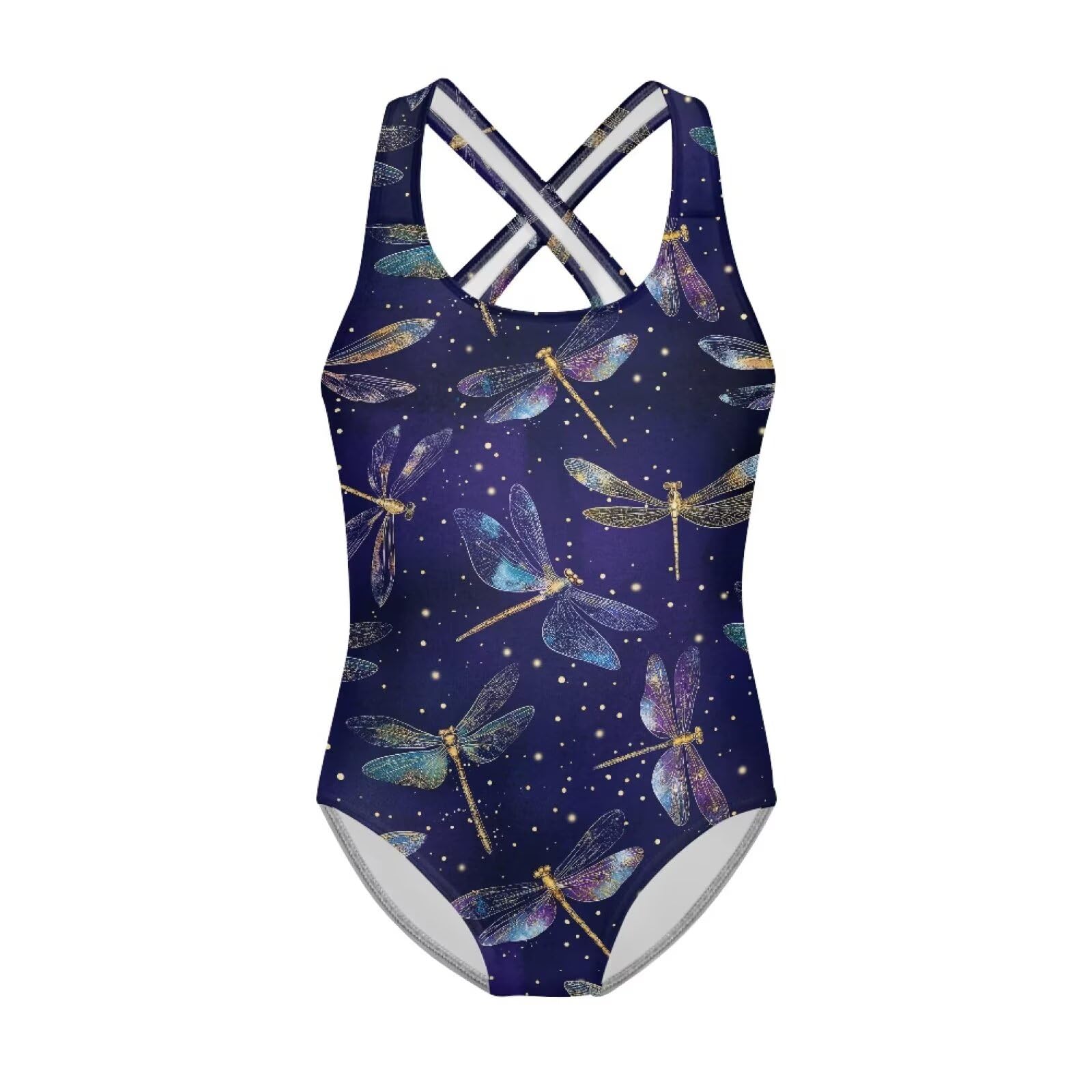 JUDENTIDOS Blue Dragonfly Print Girls 1 Piece Swimsuits Bathing Suits for Kids Cross Back Swimwear Beach Summer Swim Suits for 5-14 Years