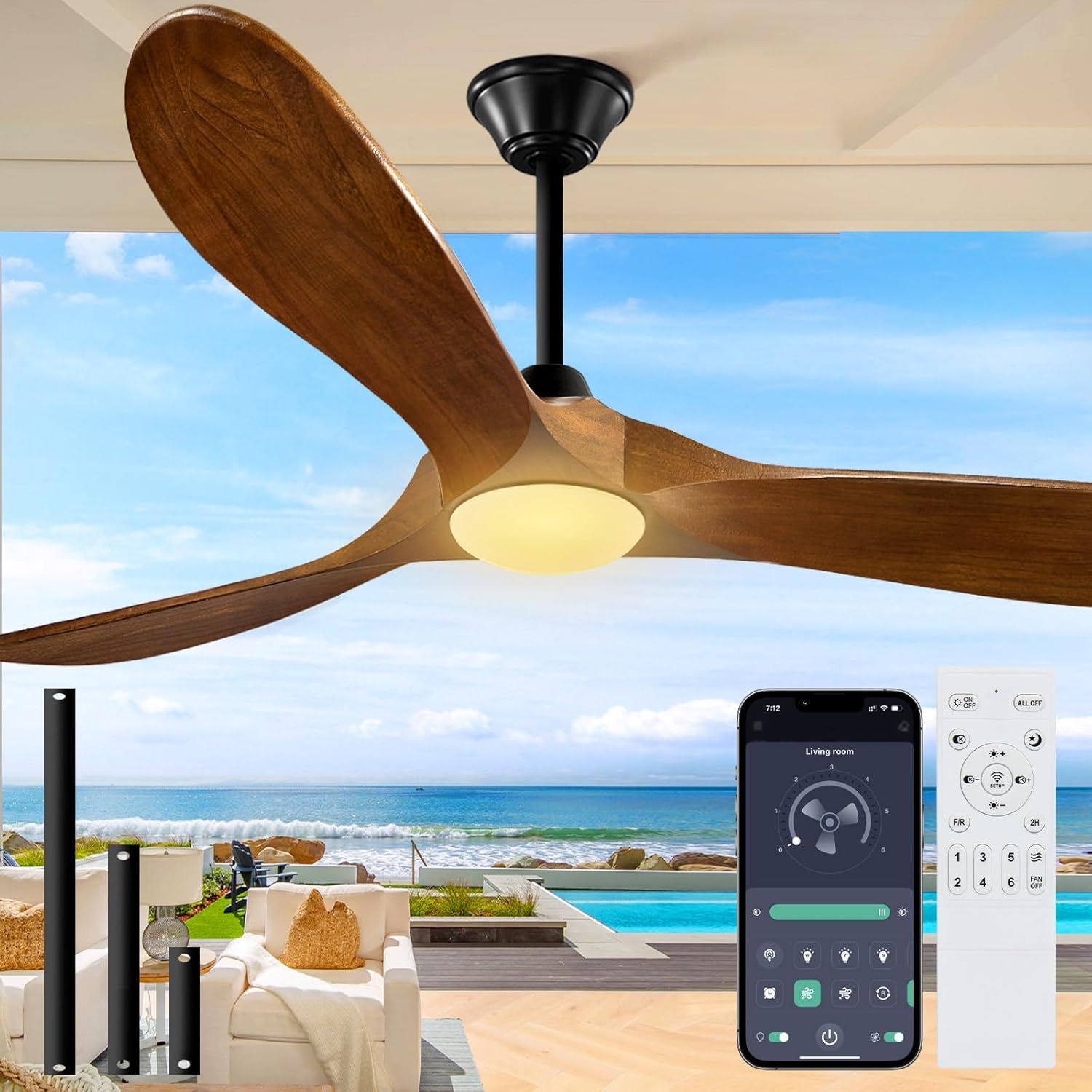 Outdoor Ceiling Fan with Light-Glass Lamp, 52 inch 3 Blade Wood Propeller Ceiling Fans with Lights and Remote Control for Patios, Exterior Wet Rated High CFM Ceiling Fans Modern Smart APP, Walnut 52 INCH Black Walnut