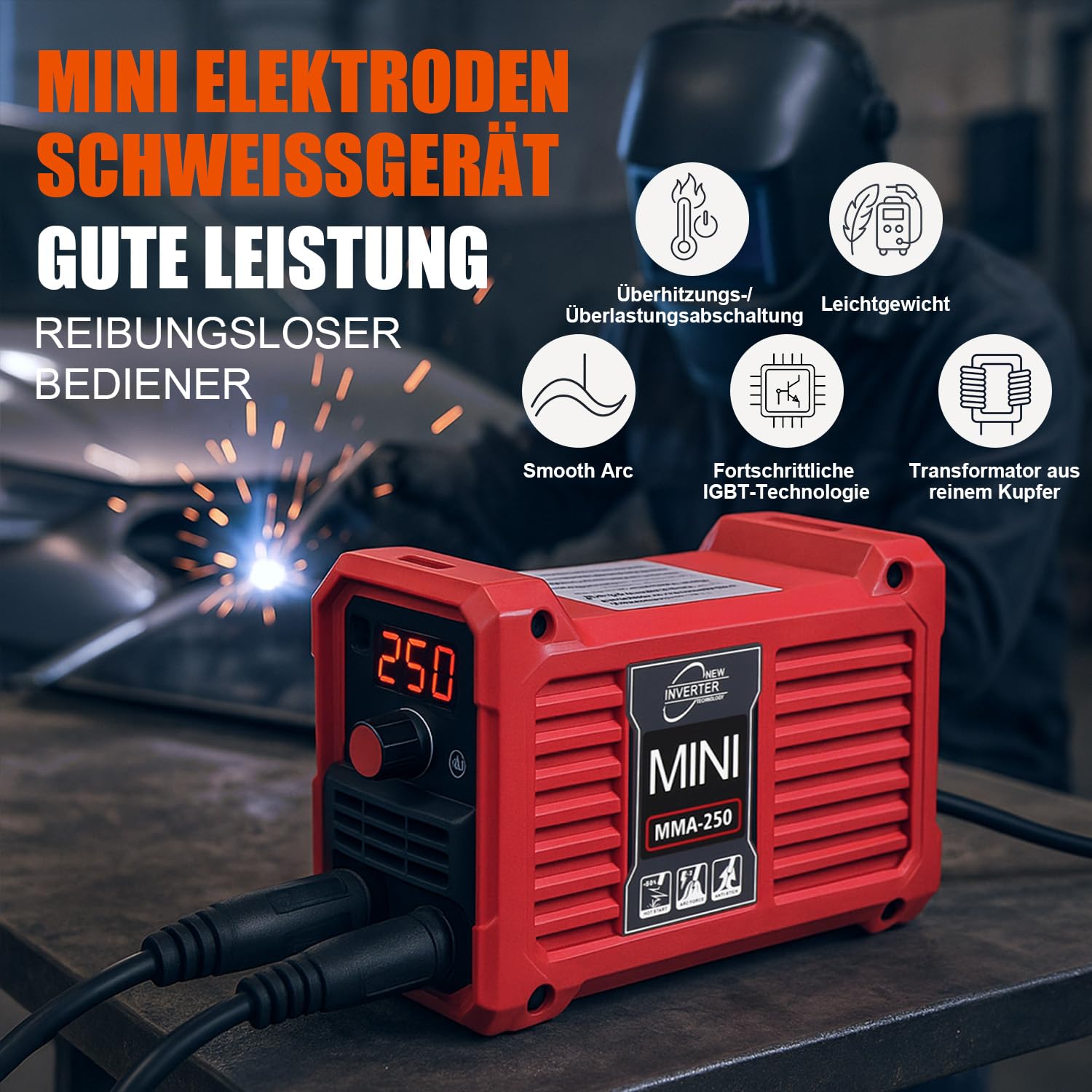 VOBOR Mini Elektroden Schweißgerät, Tragbar DC Inverter mit IGBT Technologie, LED Digital Display & Überhitzungsschutz, Fülldraht Schweißgerät, MMA-250