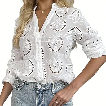 Cotton Embroidered Eyelet Western Top with V-Neck and Button-Down