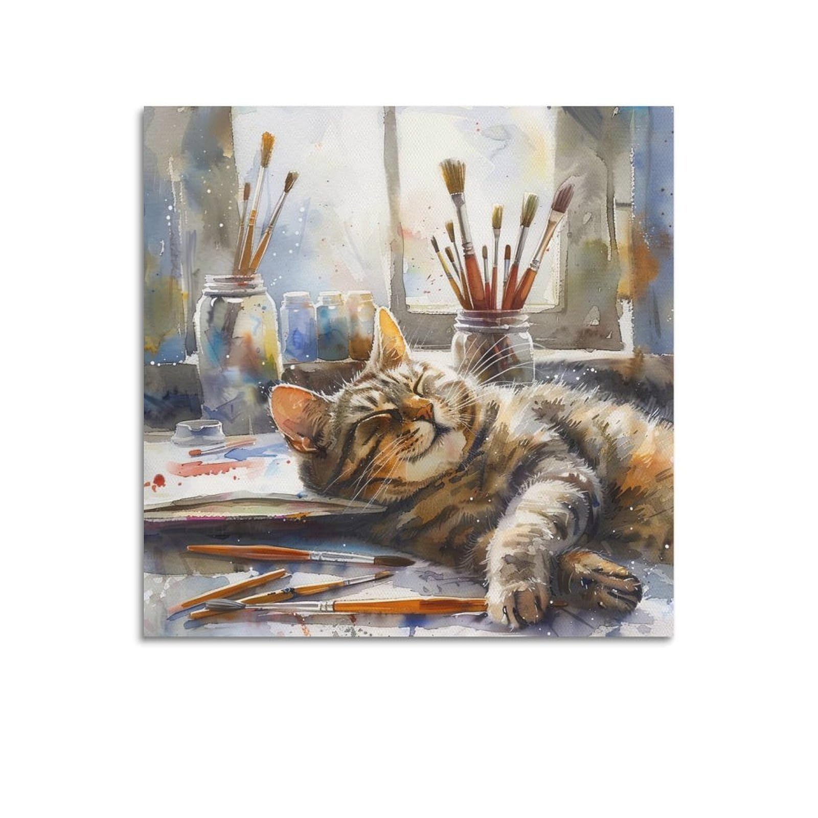 OKAHYS Vintage Sleeping Tabby Cat Watercolor Poster Decorative Painting Canvas Wall Artworks Picture 20x20inch(50x50cm)