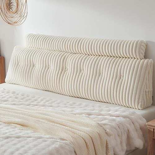 Vista 2 de Almohada de cabecera + una almohada larga para el cuerpo, almohada de piel sintética con funda extraíble (beige, tamaño King: 76 x 8 x 20 pulgadas)