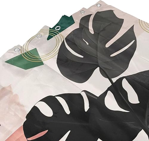 Miniatura 5 de Cortina de ducha bohemia con diseño botánico abstracto de hojas de palmera negra, tela de poliéster, impermeable, de mediados de siglo, con ganchos,