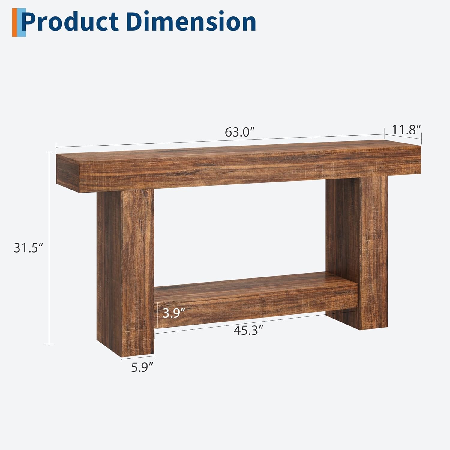 GarveeHome Entryway Console Table, Farmhouse 2-Tier Entryway Table, Long Sofa Accent Table Behind Couch Table with Open Storage for Entrance, Living Room, Hallway, Foyer, Rustic Brown, 63"