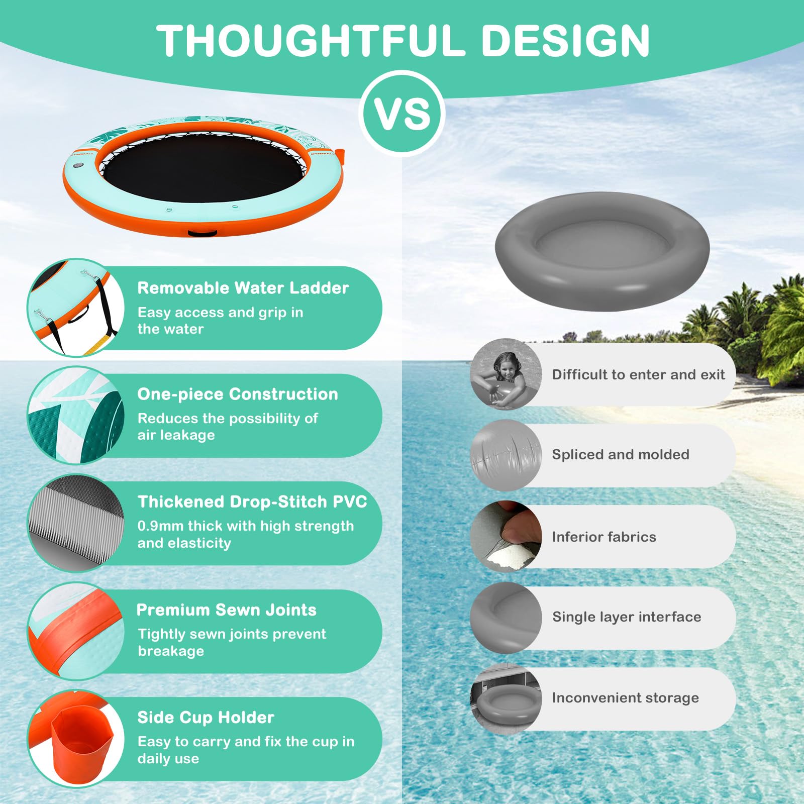 GYMMALL Inflatable Water Hammock Floating Dock 8 FT with Mesh, Tanning Pool Float Round Ring for Adults, Sunchill Mat Raft Platform for Lake and Beach with Water Ladder and Cup Holder - Orange Green