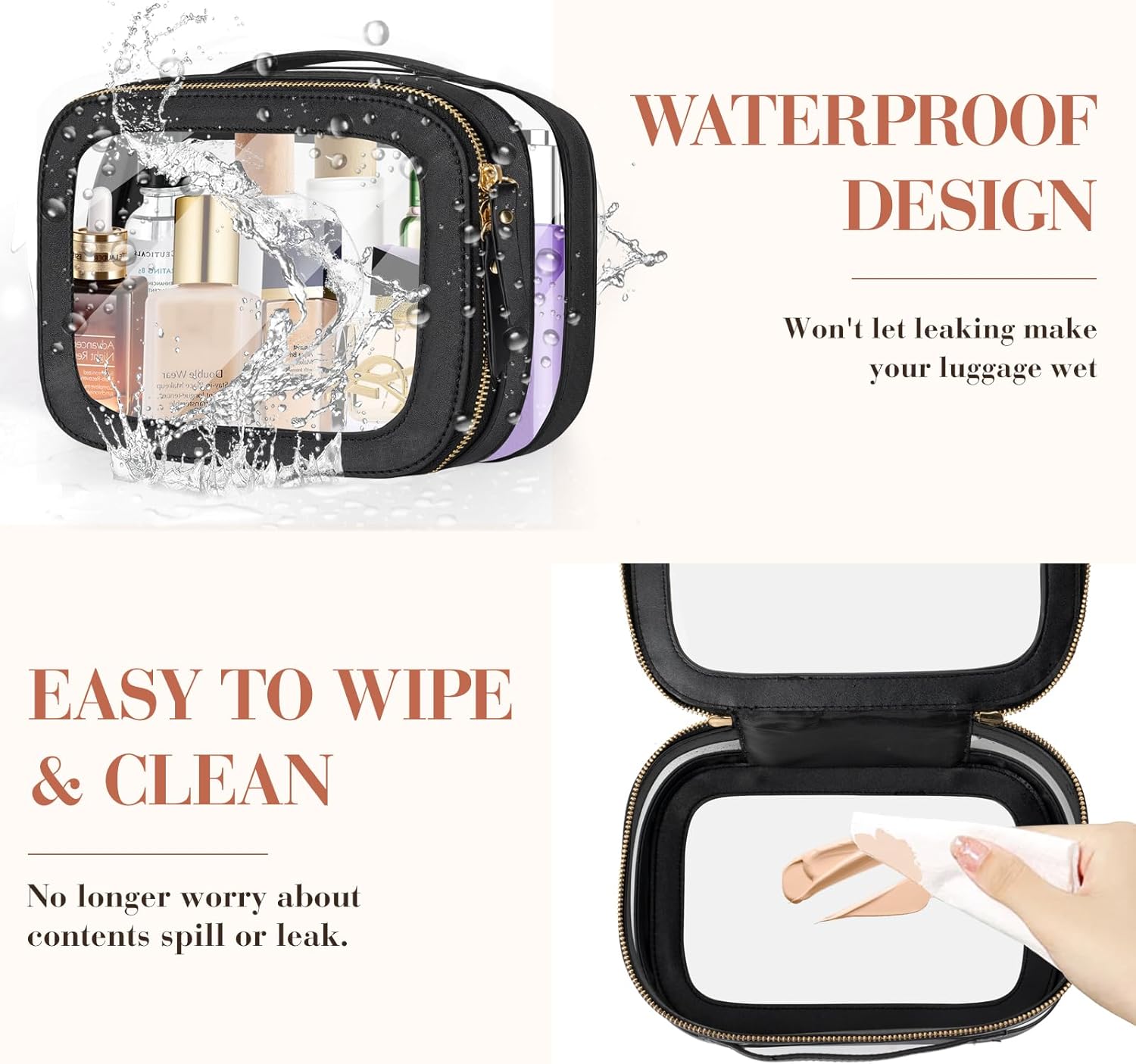 Beaulyn Clear Makeup Bag for Women - Waterproof Travel Toiletry Bag, Transparent Leather Cosmetic Organizer with Handle, Large Makeup Pouch for Travel - Image 5