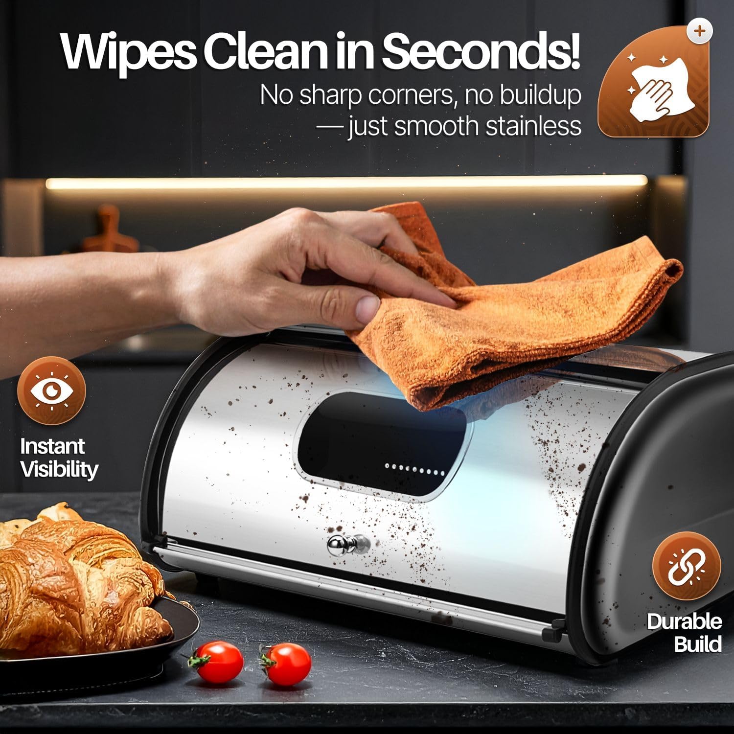 Flexzion ステンレススチール ブレッドボックス キッチンカウンタートップ用 (13インチ) 金属製パン収納 ロールアップ蓋&