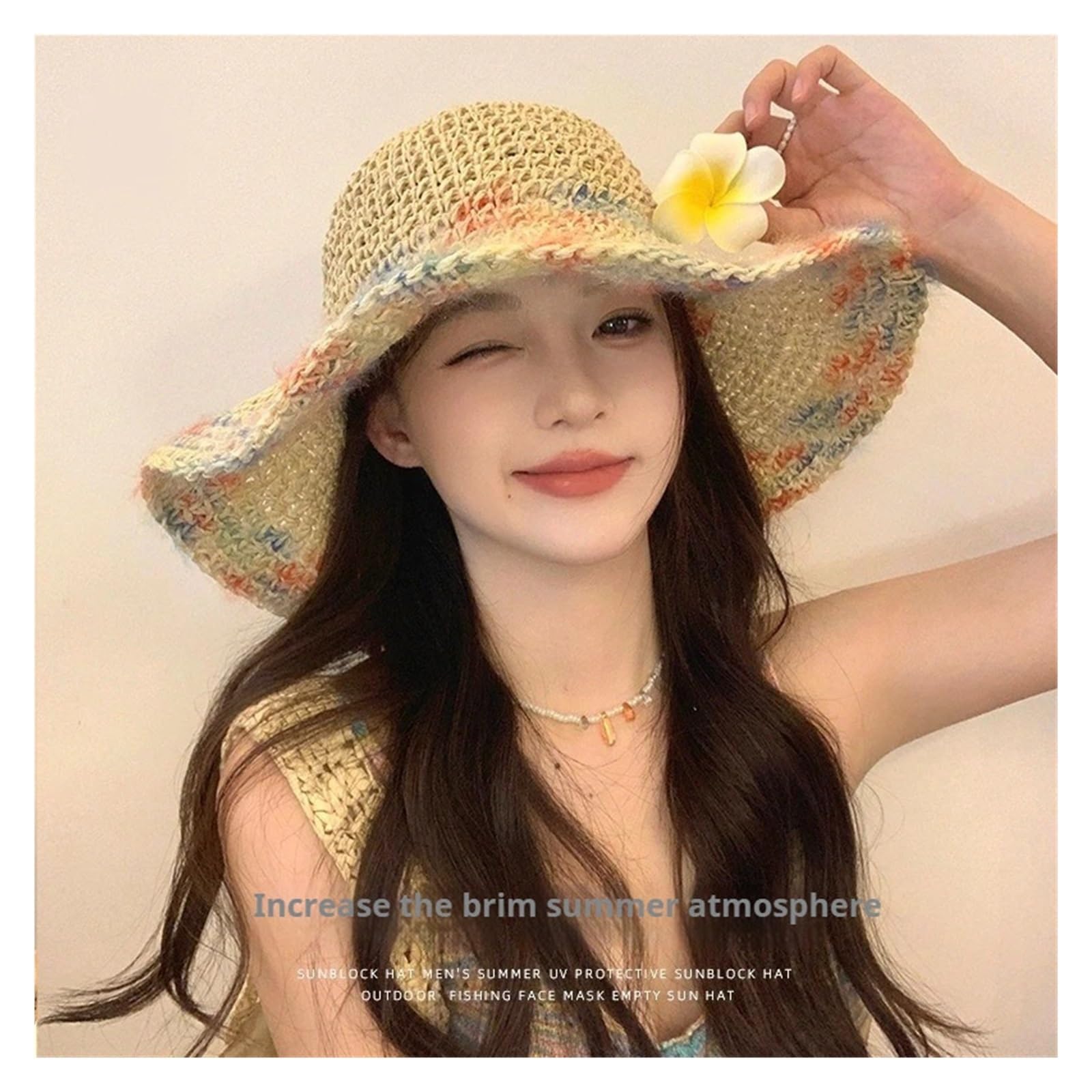 Cappelli di Paglia Intrecciati Pieghevoli Estivi da 1pc for Le Vacanze al Mare Viaggio, Cappello Sole A Tesa Larga Scavato Traspirante Indossare per Viaggio