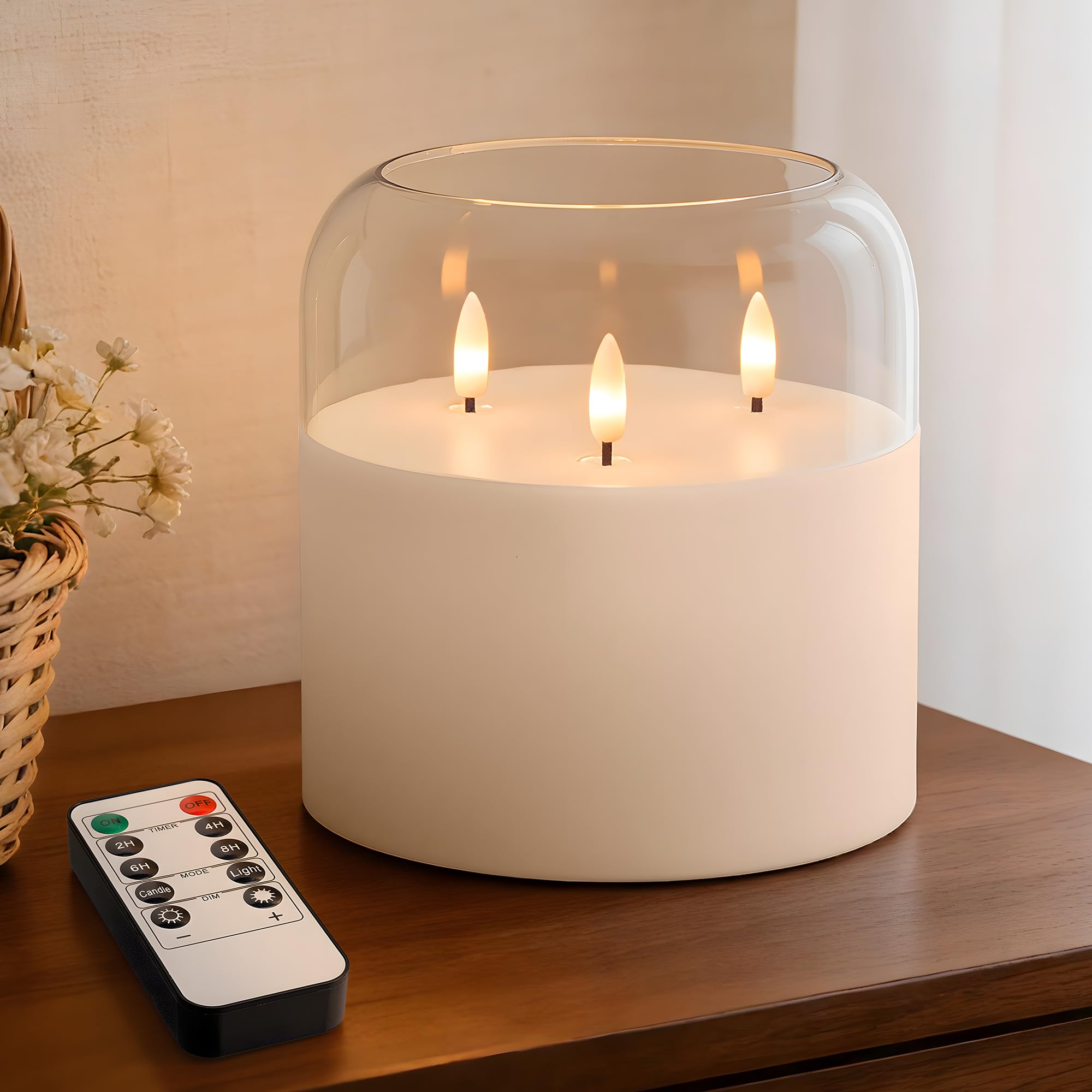 Candela in vetro senza fiamma a 3 stoppini con telecomando e timer, 15,2 x 15,2 cm, extra large, candela a pilastro a LED in vera cera, funzionamento a batteria, con fiamma tremolante 3D, per