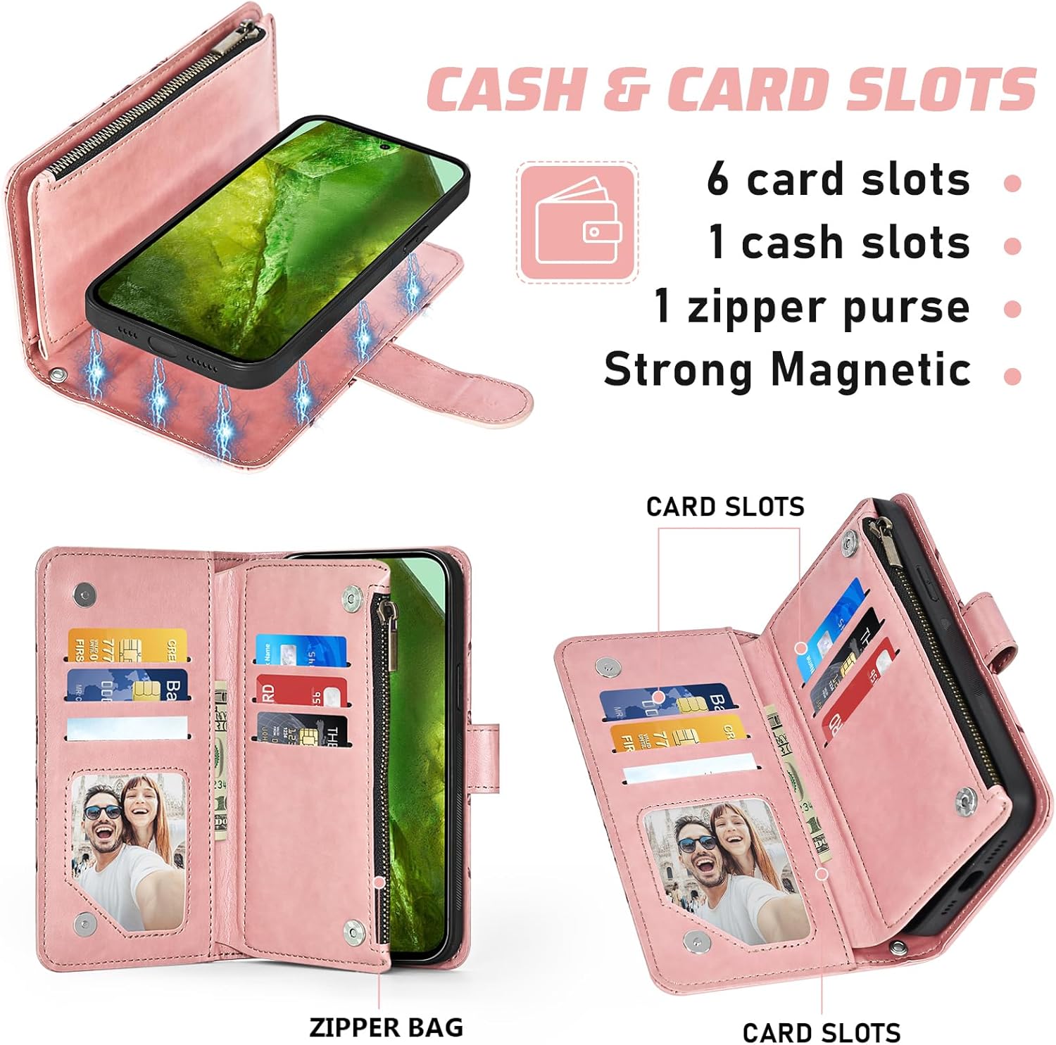 Asuwish Phone Case for Google Pixel 8A Zipper Wallet Magnetic Detachable Cell Cover with Screen Protector Crossbody Lanyard Strap Flower Flip Card Holder Slot Pixel8A A8 5G Women Men Rose Gold
