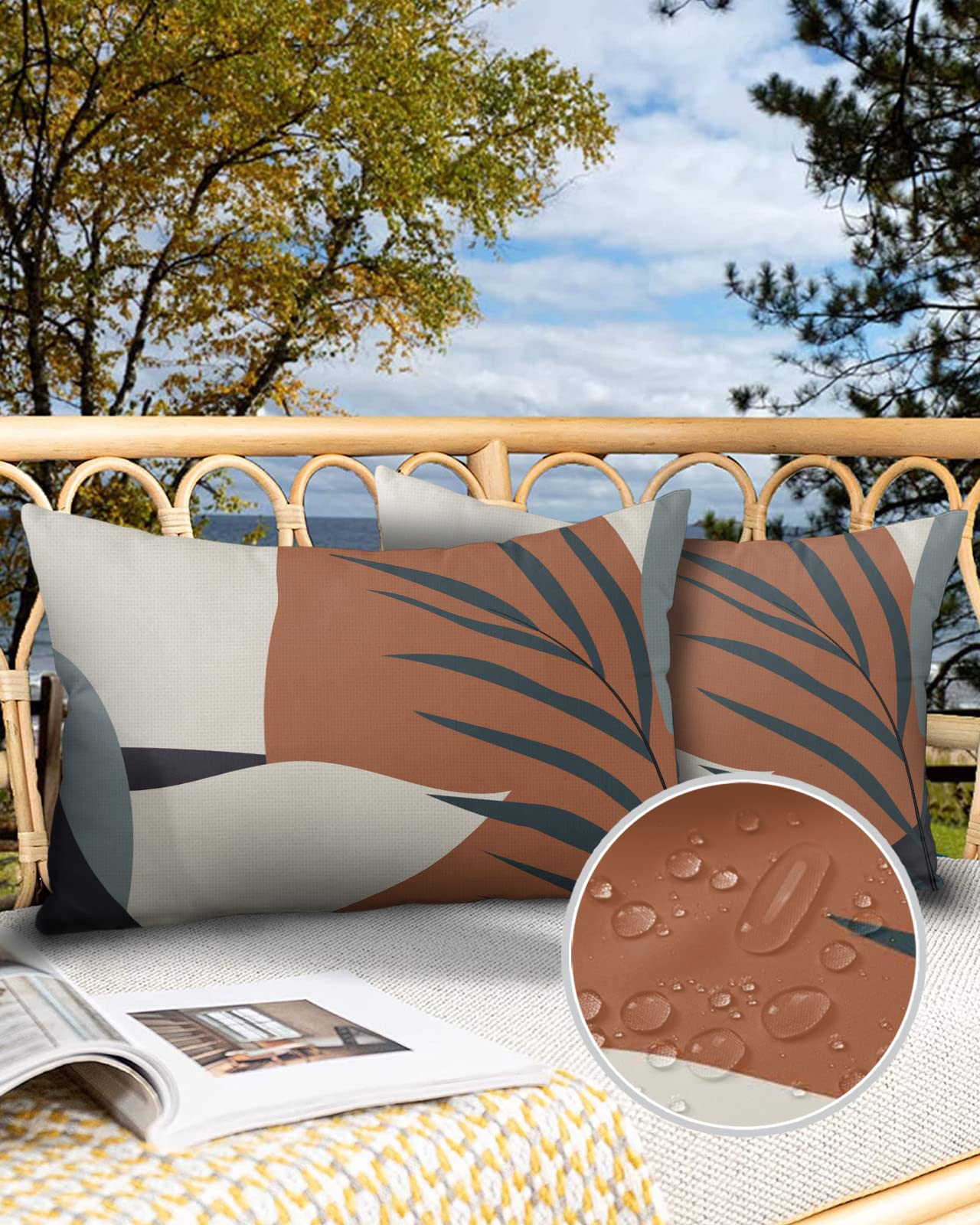 Edwiinsa Outdoor Pillow Covers Waterproof, Abstract Tropical Color Block All Weather Cushion Case Set of 2, Green Plants Leaves Lumbar Pillowcase for Sofa Couch Bed Decor Patio Furniture 20