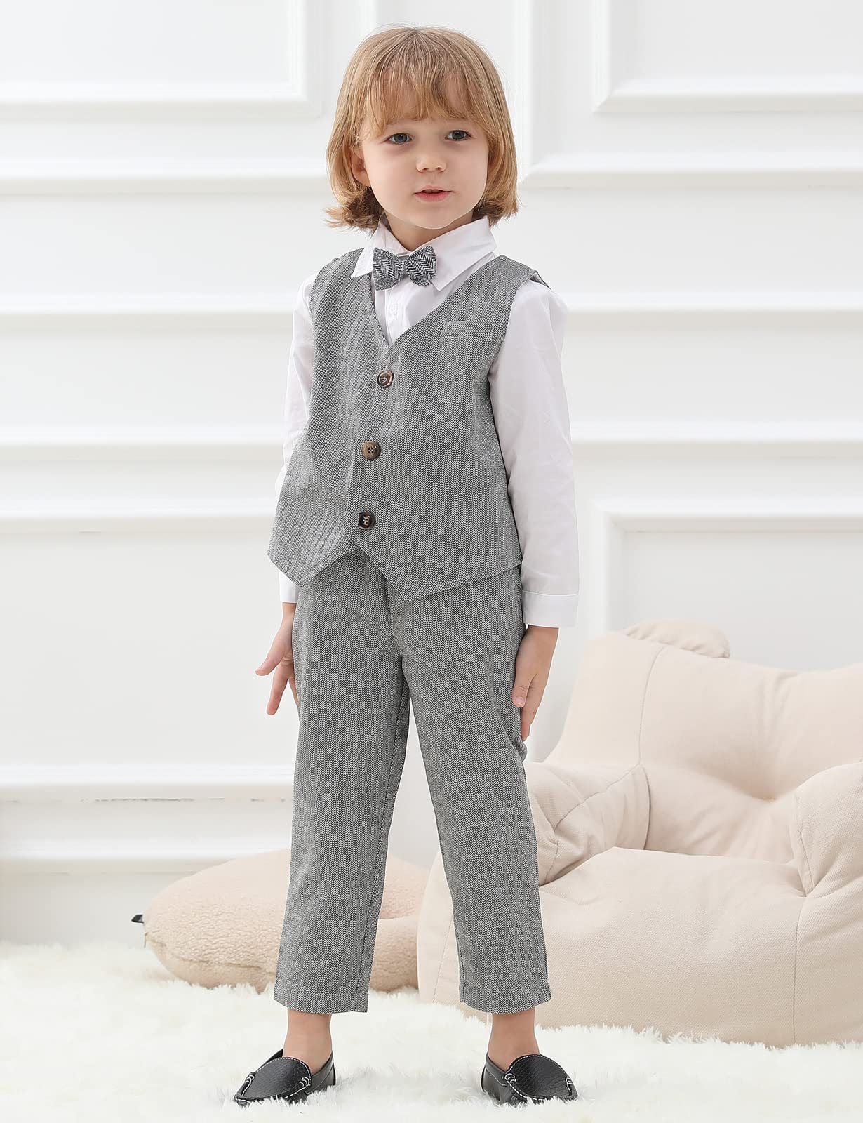 mintgreen Bébé Garçons Costumes, 3 Pièces Tenue en Tweed à Chevrons Ensemble de Vêtements de Baptême Chemise + Gilet + Pantalon + Nœud Papillon, 1-4 Ans