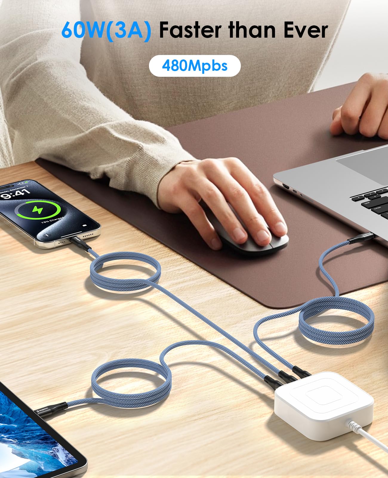 Magtame Cavo Magnetico USB C 60W (3A), 1.5M Flessibile Tipo C, Nylon Intrecciato, Ricarica Veloce Compatibile Con Phone 15 e Dispositivi USB C, Blu