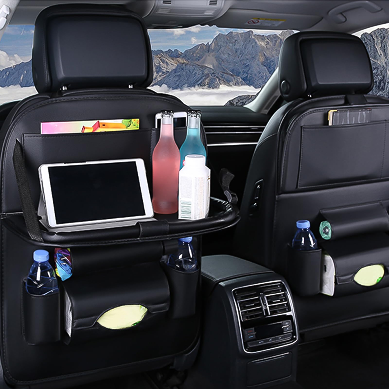Ergocar Auto Organizer Rückenlehnenschutz PU-Leder Autositzschutz wasserdicht faltbarer Tablethalter Schwarz 2 Pack