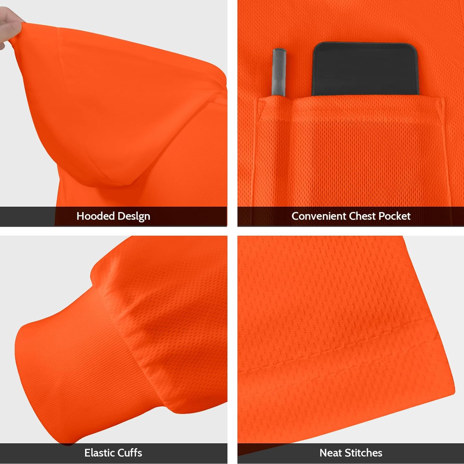 Hi Vis Shirts with Hood for Men, Women, High Visibility, Safety, Construction, Breathable, UCH-Orange, Medium - Image 4
