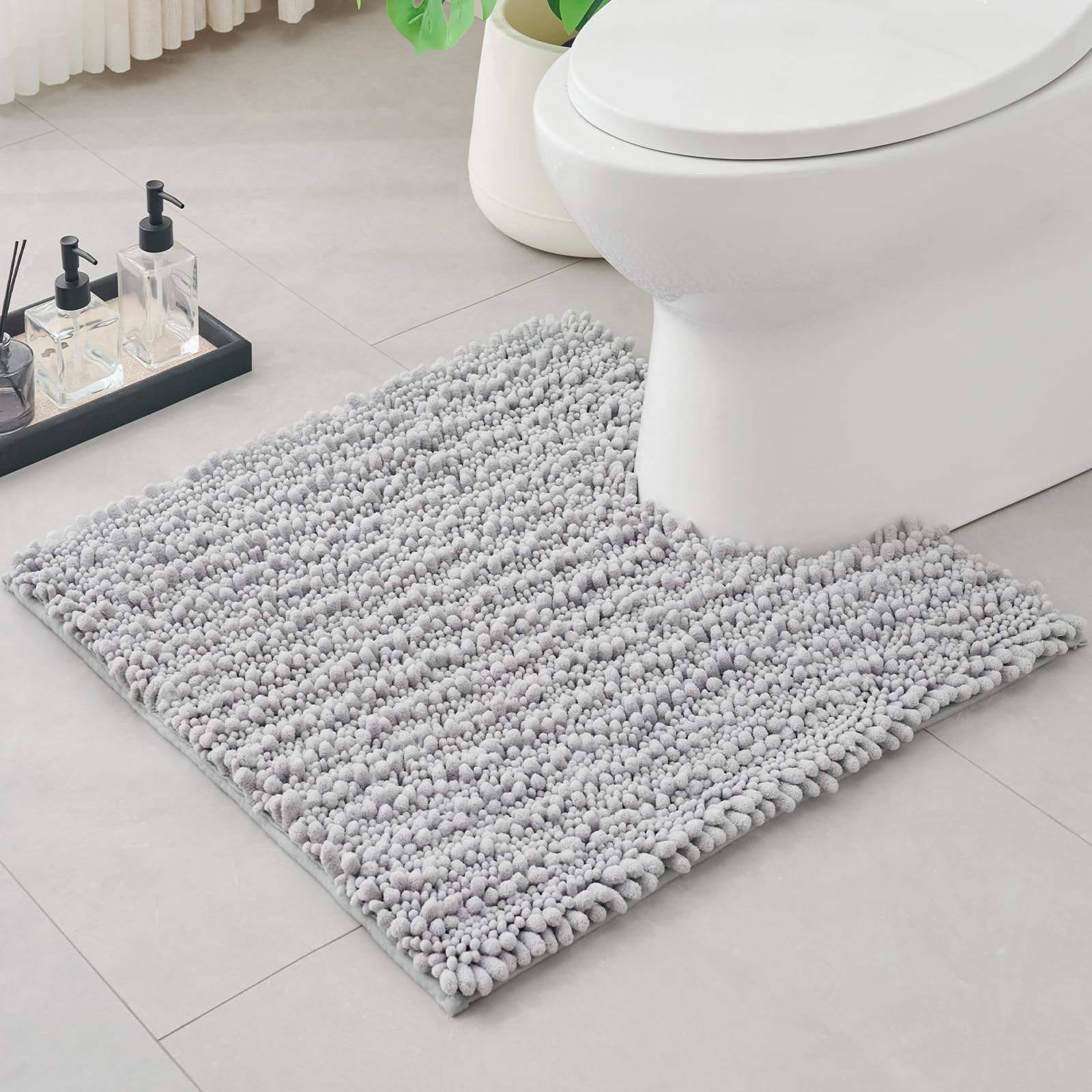 Chenille 24x24 Toilet Rug U‑Shaped Non‑Slip Absorbent, Silver