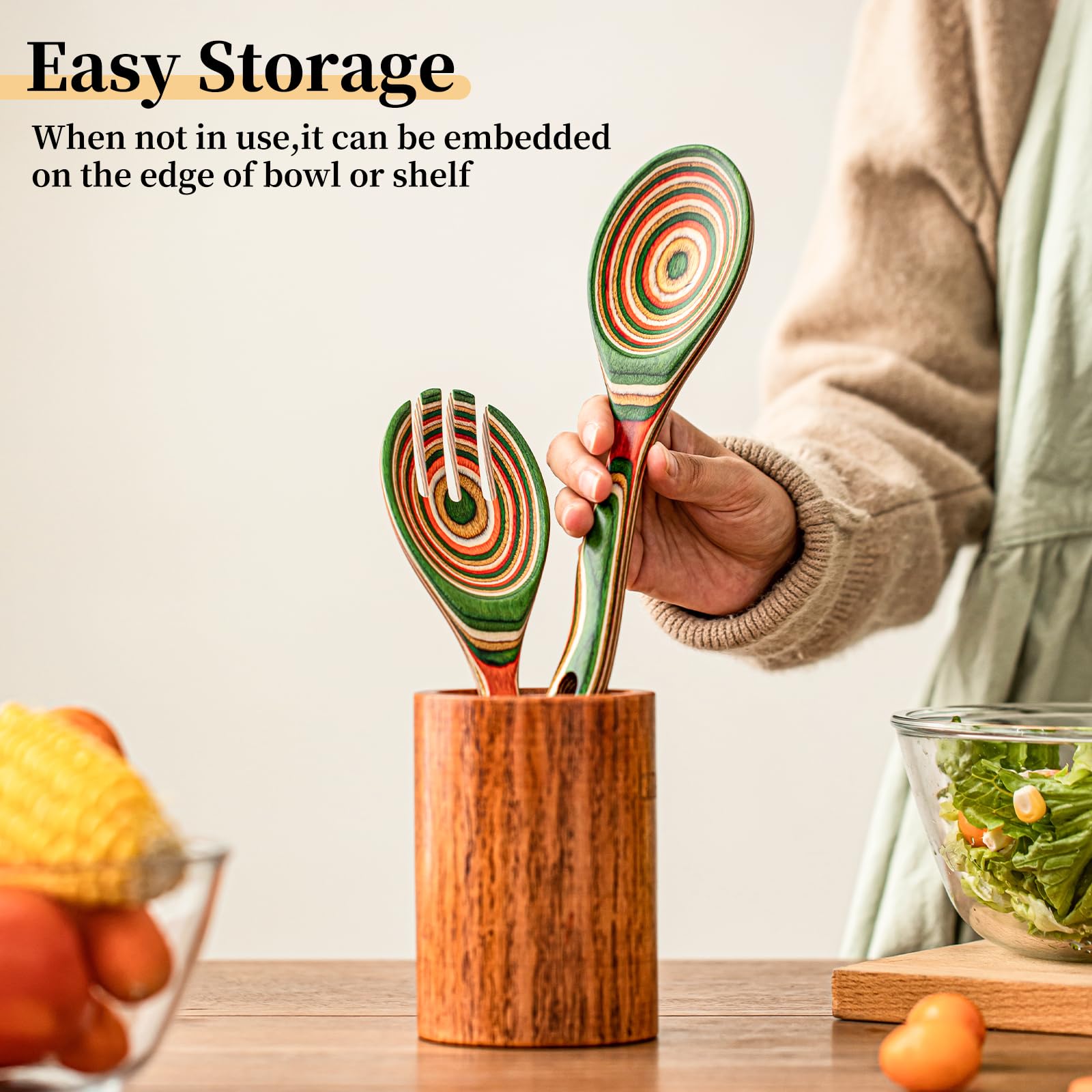 Gudamaye Pakkawood - Juego de servidor de ensalada de madera, pinzas de ensalada de 10.5 pulgadas para servir, incluyendo tenedor y cuchara de ensalada, juego de servidor de ensalada de mango largo