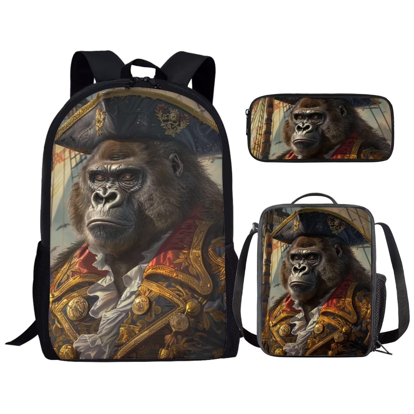 Kids 17 Inch Print Backpack with Lunch Box Lightweight Comfy Padded Back Cool Pirate Gorilla Backpack for Boys Girls Elementary School Bag Trendy