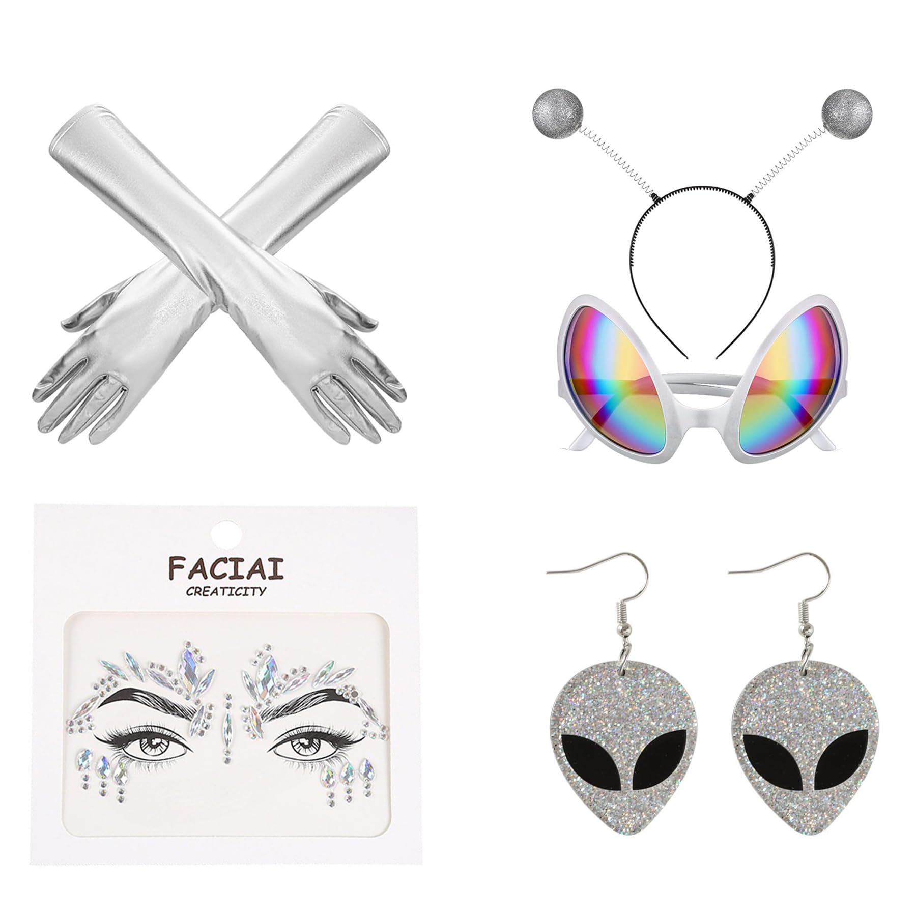 Wasise 5Pcs Alien Costume, Alien Antenna Headband Outfit Accessories, Novelty Rainbow Lens Sunglasses