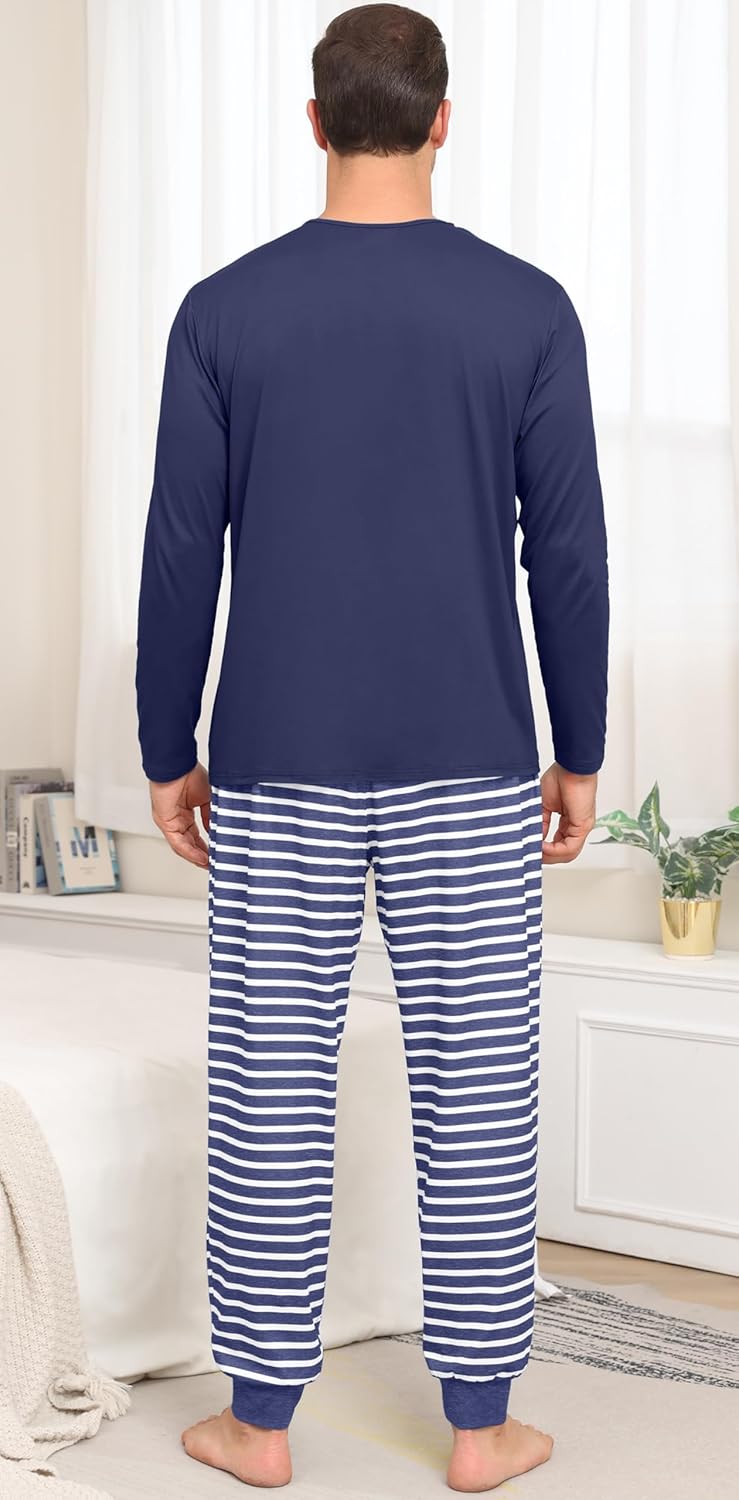 PrinStory Mens Pajamas Set Long Sleeve Pjs 2 Piece Pajama Soft Sleepwear Loungewear with Pockets - Image 6