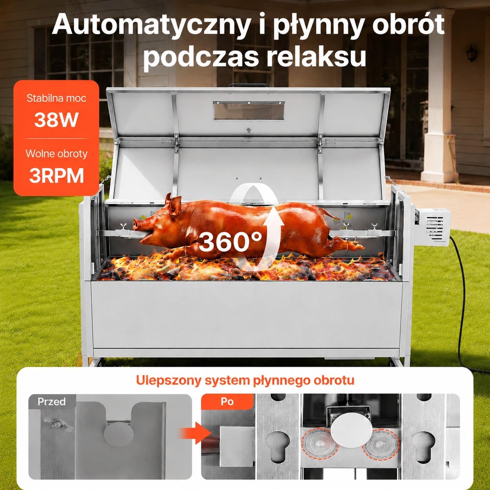 Grill rożenowy na węgiel z kółkami, pokrywą, rożnem ze stali nierdzewnej i regulacją wysokości do jagnięciny oraz prosiąt na zewnątrz